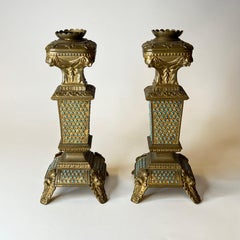 Pair Gothic Revival Gilt Bronze and Turquoise Candlesticks