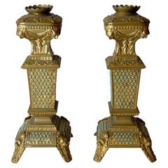 Pair Gothic Revival Gilt Bronze and Turquoise Candlesticks