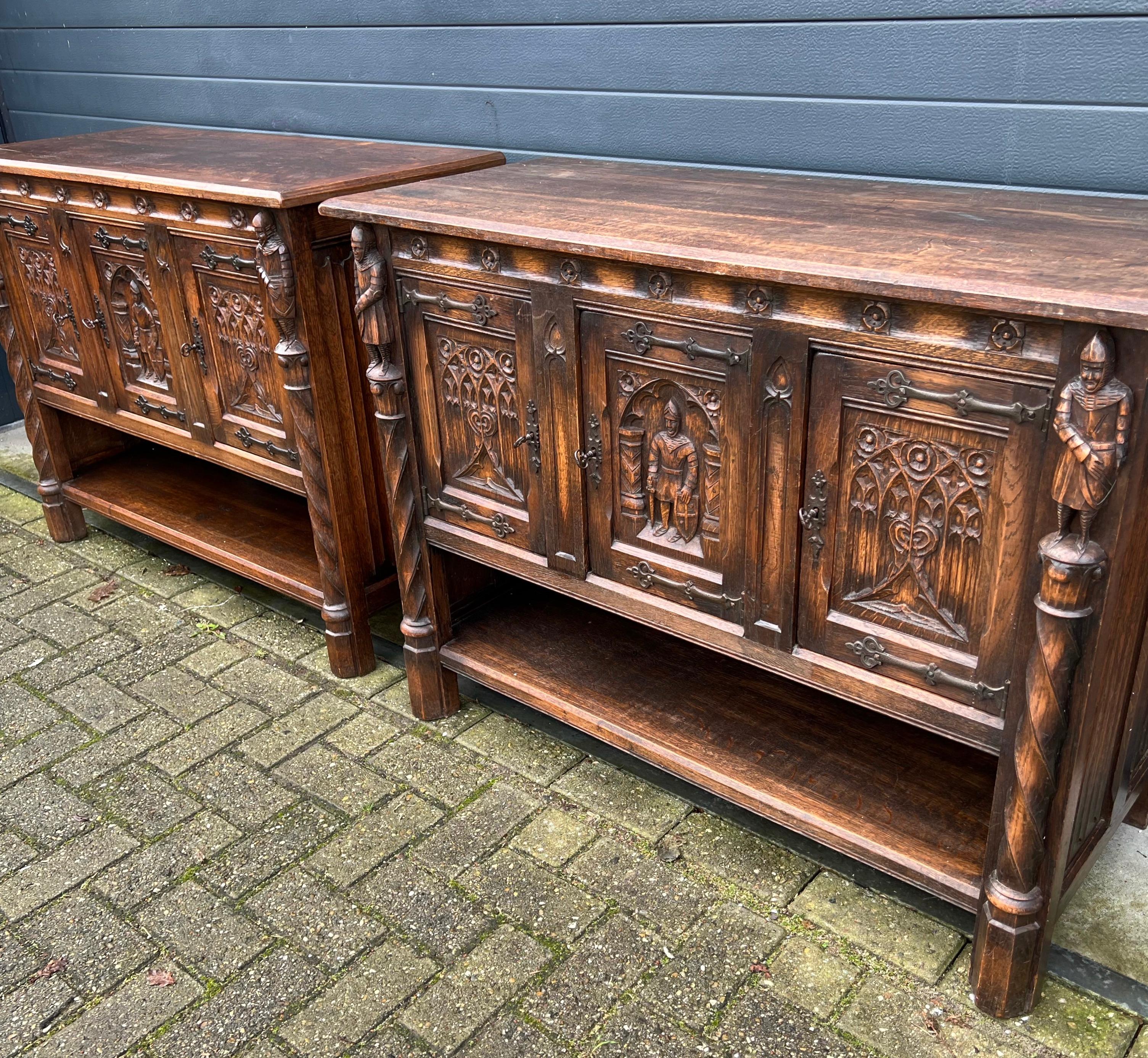 Dutch Pair Gothic Revival Hand Carved Solid Oak Credenzas with Church Panels & Knights