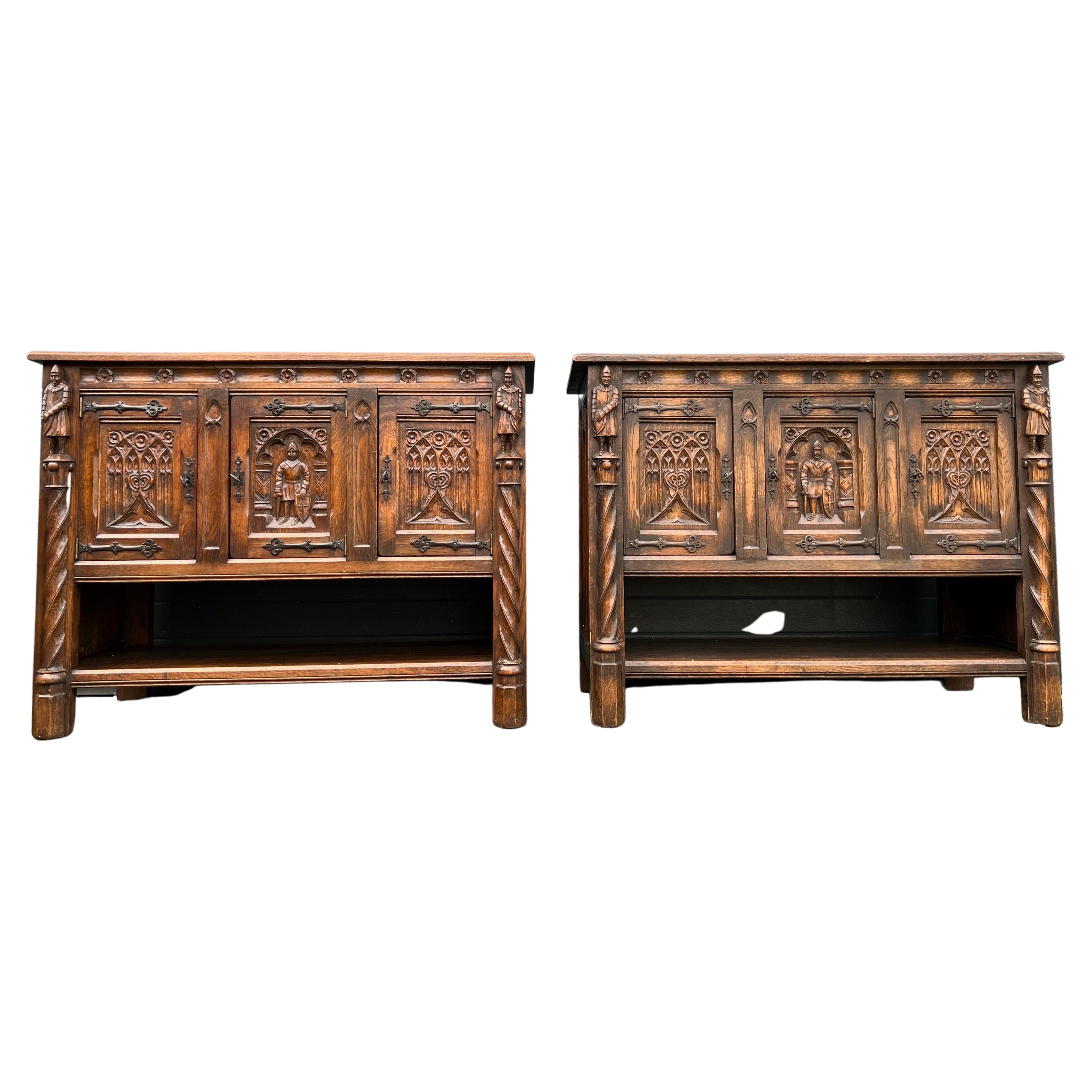 Pair Gothic Revival Hand Carved Solid Oak Credenzas with Church Panels & Knights