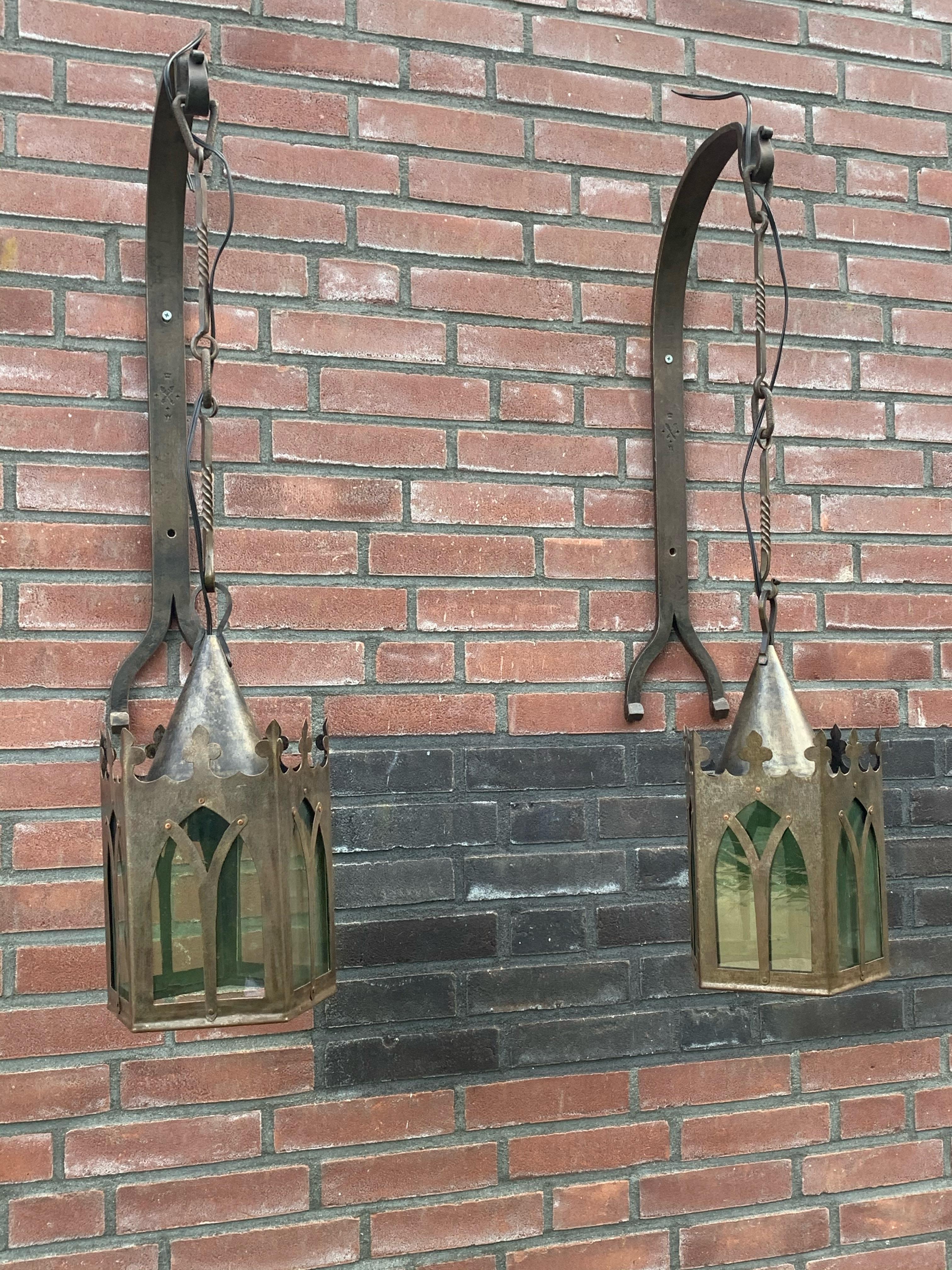 Pair Gothic Revival Medieval Style, Wrought Iron & Cathedral Glass Wall Lanterns For Sale 2
