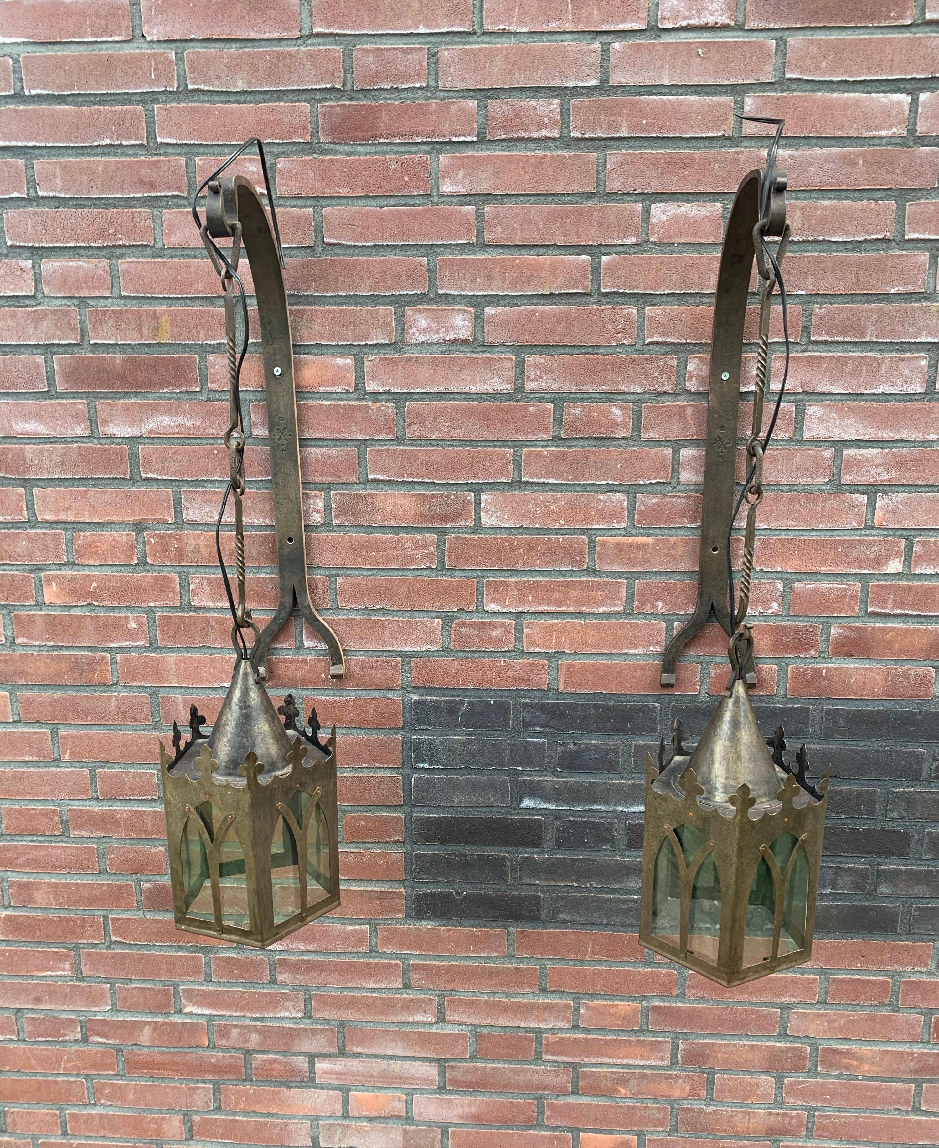Pair Gothic Revival Medieval Style, Wrought Iron & Cathedral Glass Wall Lanterns For Sale 7