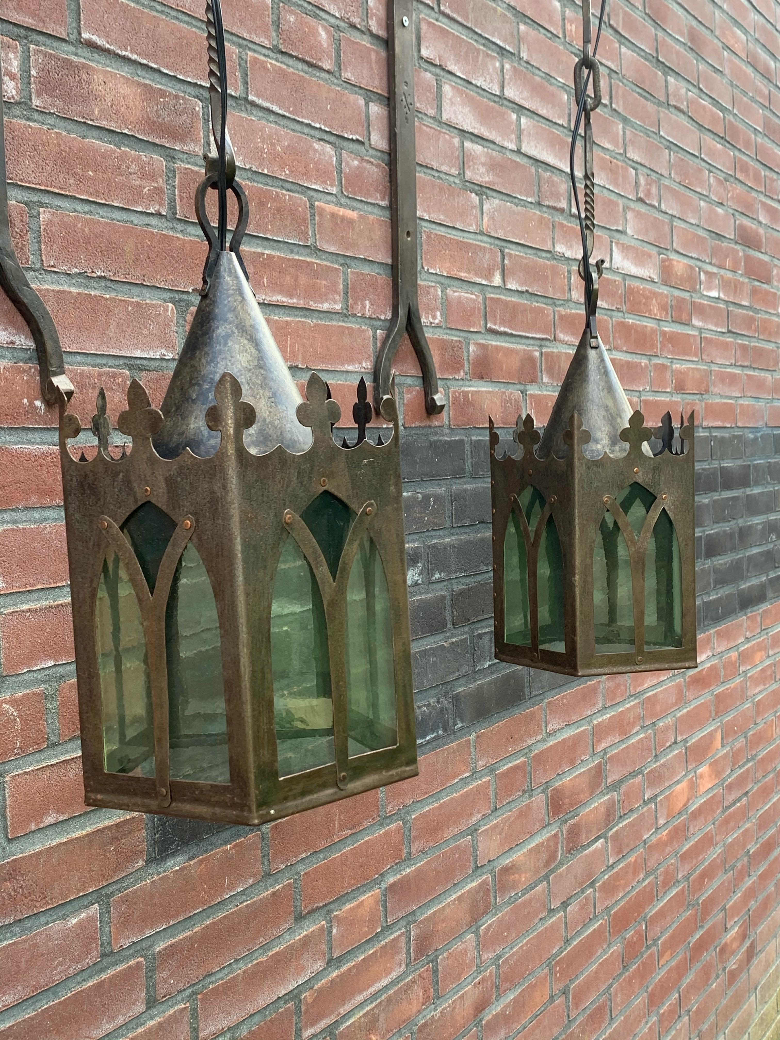 Pair Gothic Revival Medieval Style, Wrought Iron & Cathedral Glass Wall Lanterns For Sale 10