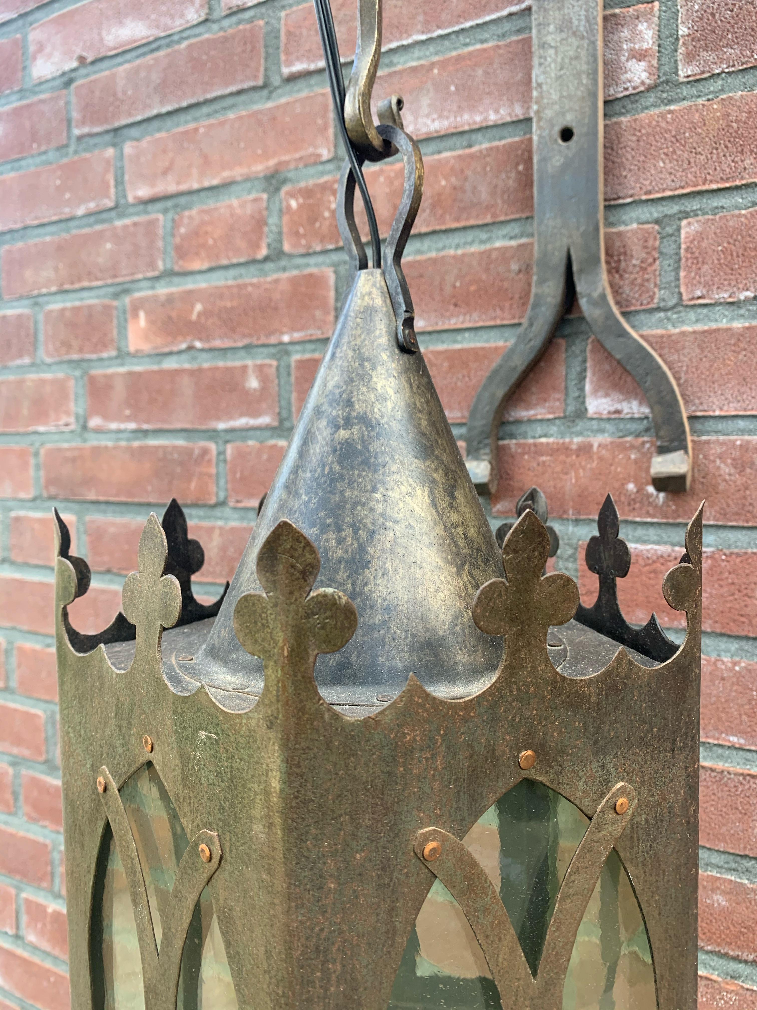 Pair Gothic Revival Medieval Style, Wrought Iron & Cathedral Glass Wall Lanterns For Sale 11