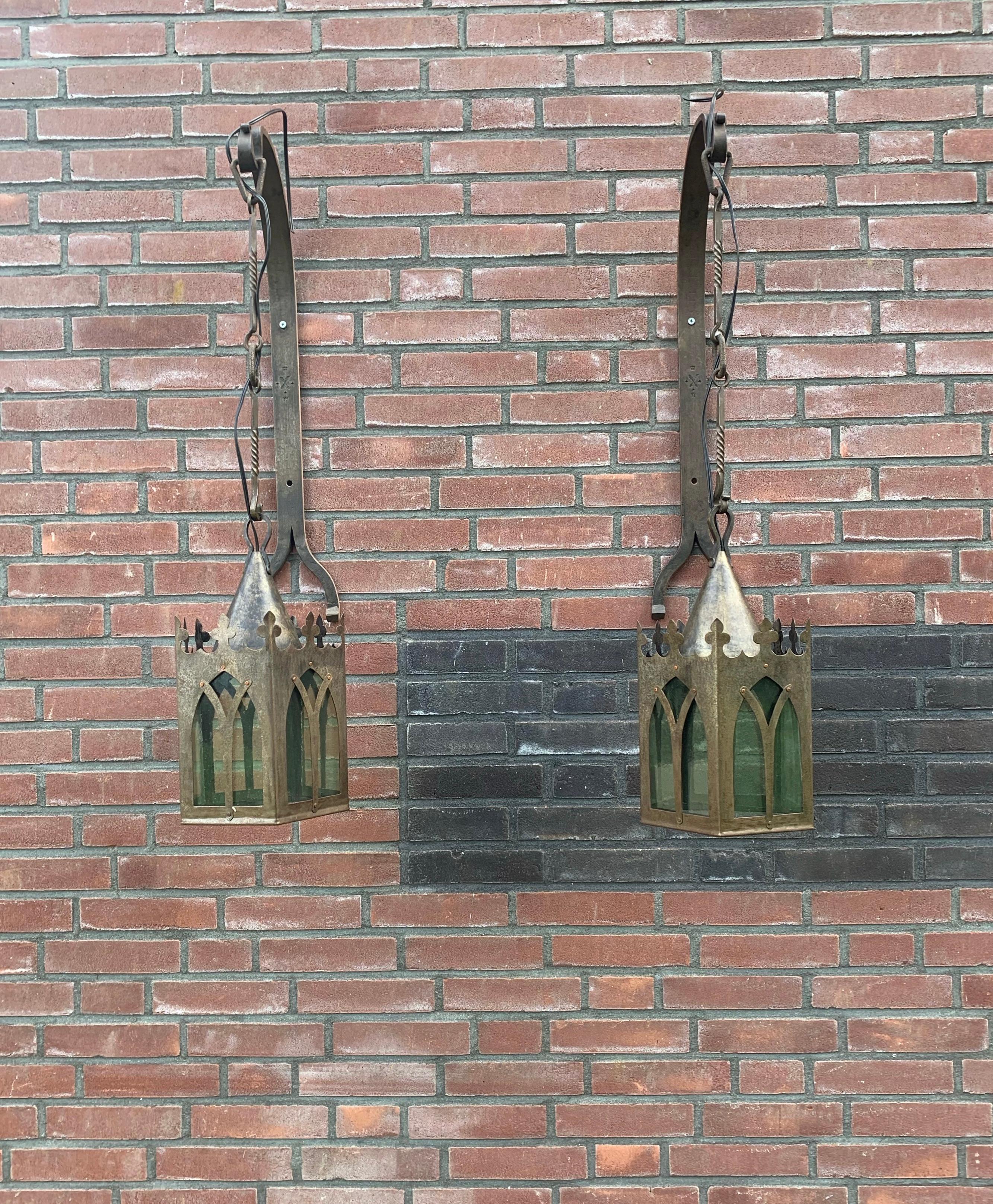 Pair Gothic Revival Medieval Style, Wrought Iron & Cathedral Glass Wall Lanterns For Sale 12