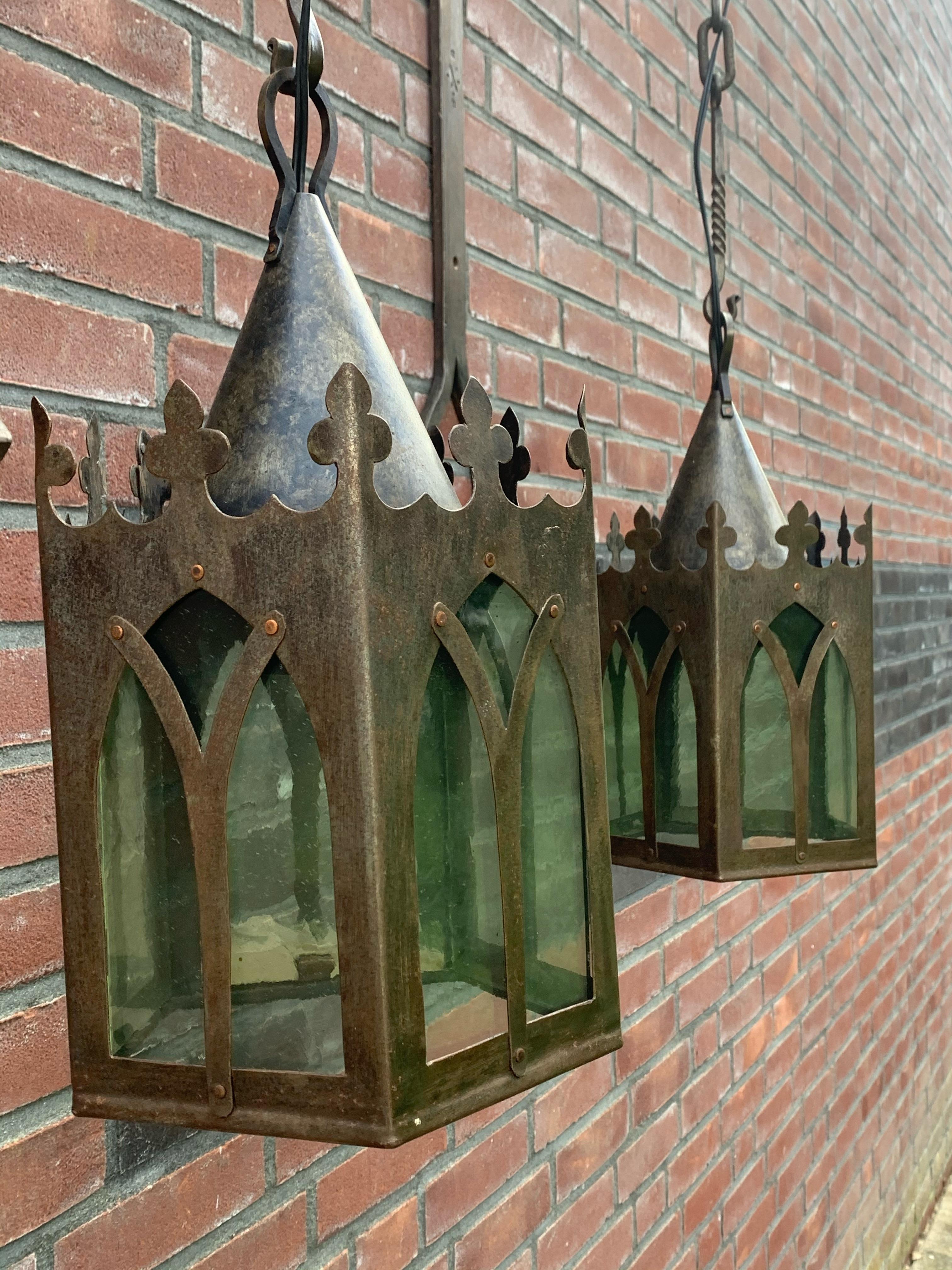 European Pair Gothic Revival Medieval Style, Wrought Iron & Cathedral Glass Wall Lanterns For Sale