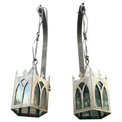 Pair Gothic Revival Medieval Style, Wrought Iron & Cathedral Glass Wall Lanterns