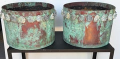 Pair Gothic Revival Verdigris Copper Planters Applied Medieval Heads, circa 1900