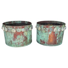 Pair Gothic Revival Verdigris Copper Planters Applied Medieval Heads, circa 1900 Pair Gothic Revival Verdigris Copper Planters Applied Medieval Heads, circa 1900