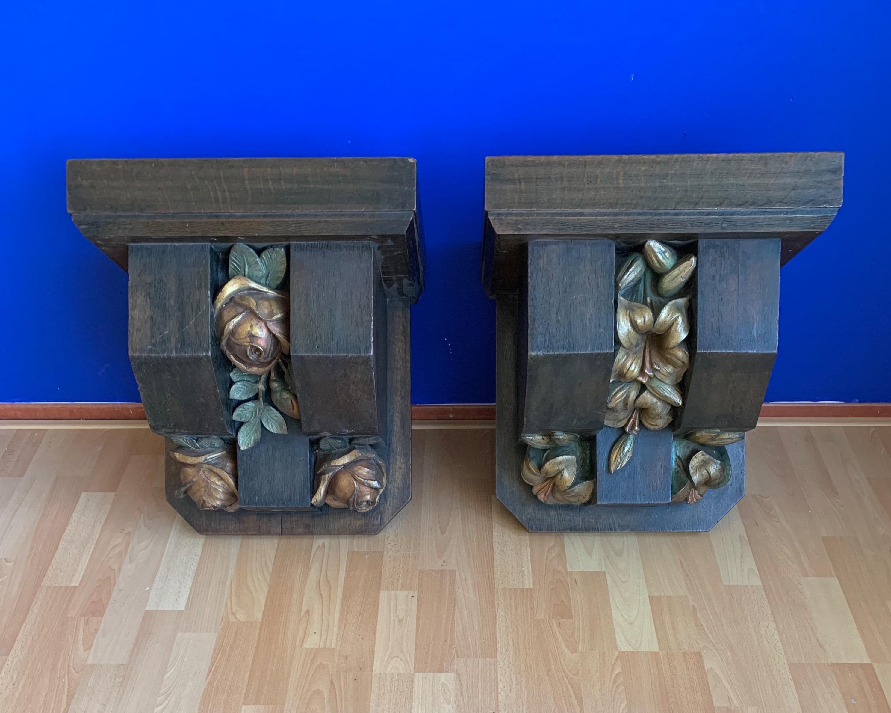 Hand-Carved Pair Large Gothic Revival Wall Brackets or Corbels w. Beautifully Roses & Lilies For Sale