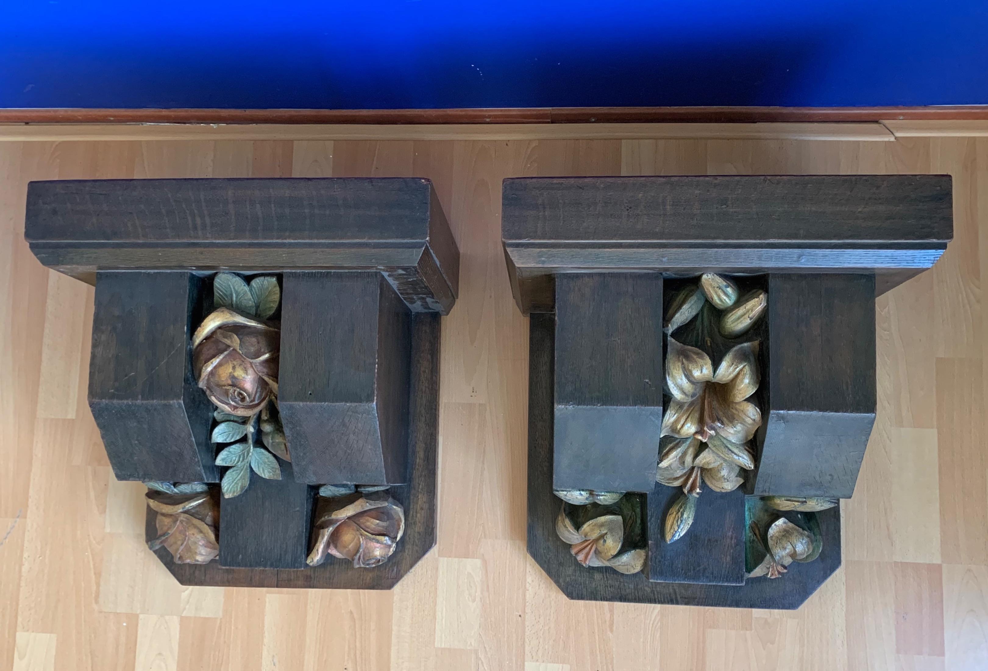 Wood Pair Large Gothic Revival Wall Brackets or Corbels w. Beautifully Roses & Lilies For Sale