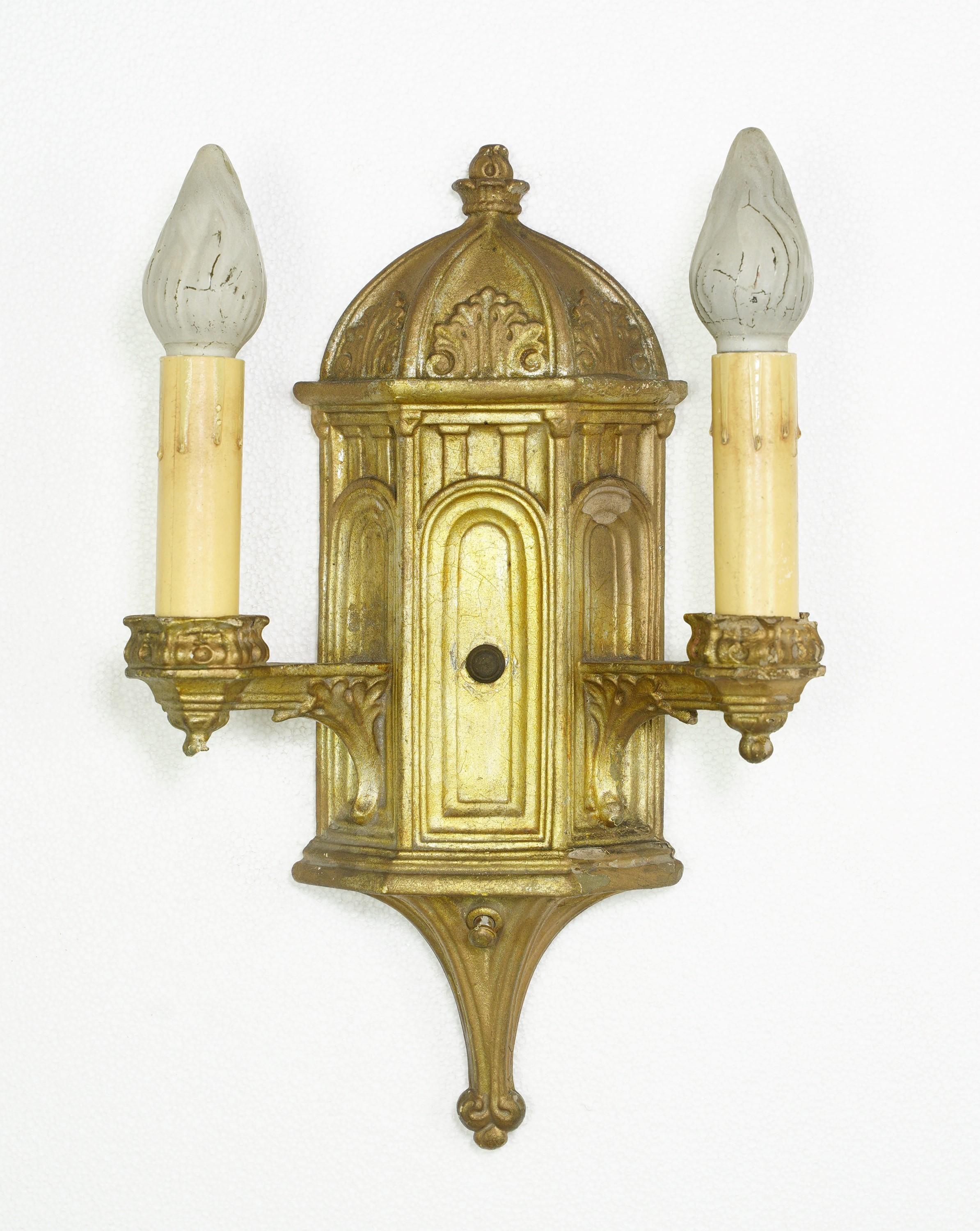 American Pair Gothic Style Gold Color Plaster 2 Light Sconces