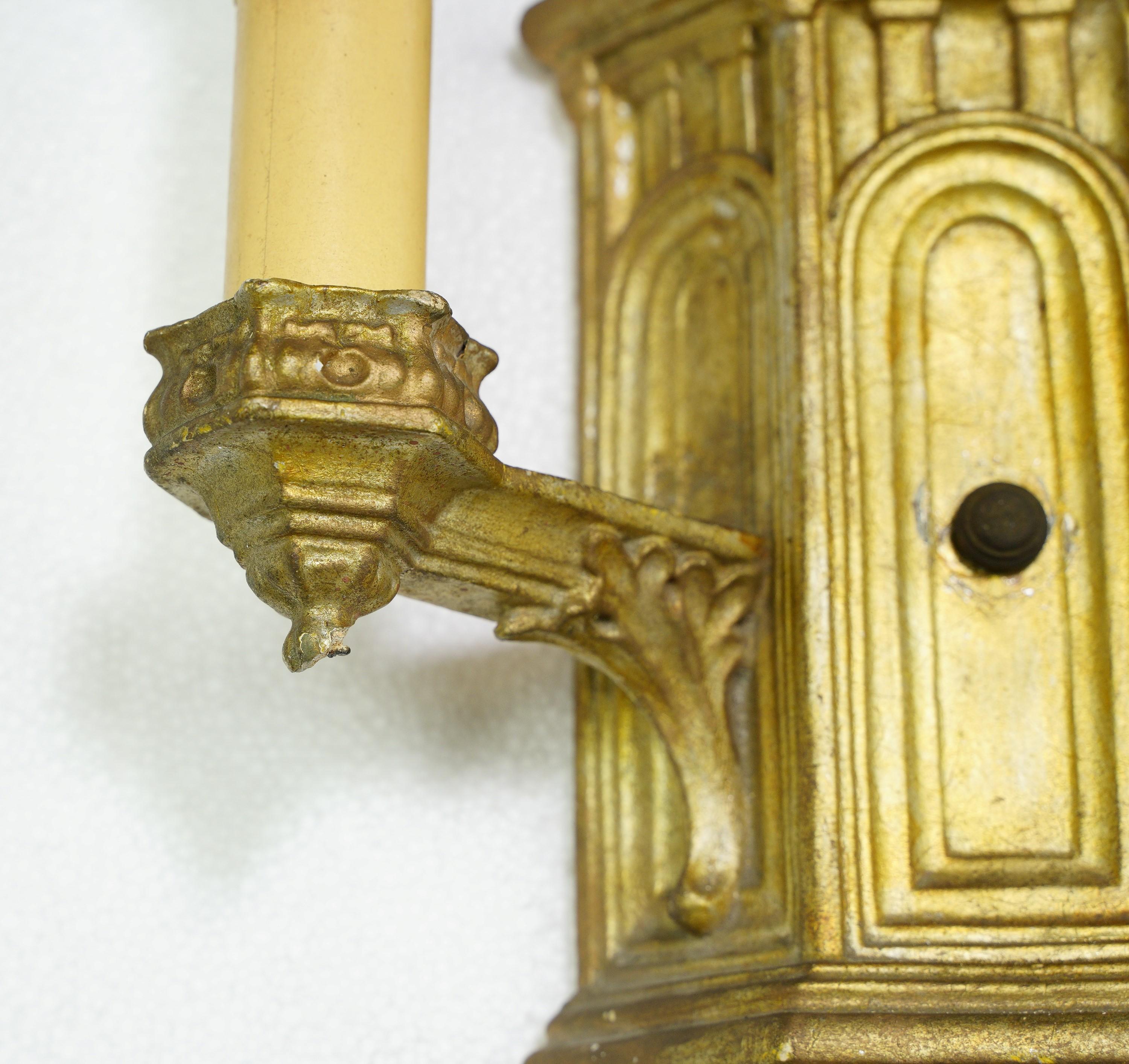 Pair Gothic Style Gold Color Plaster 2 Light Sconces In Good Condition In New York, NY