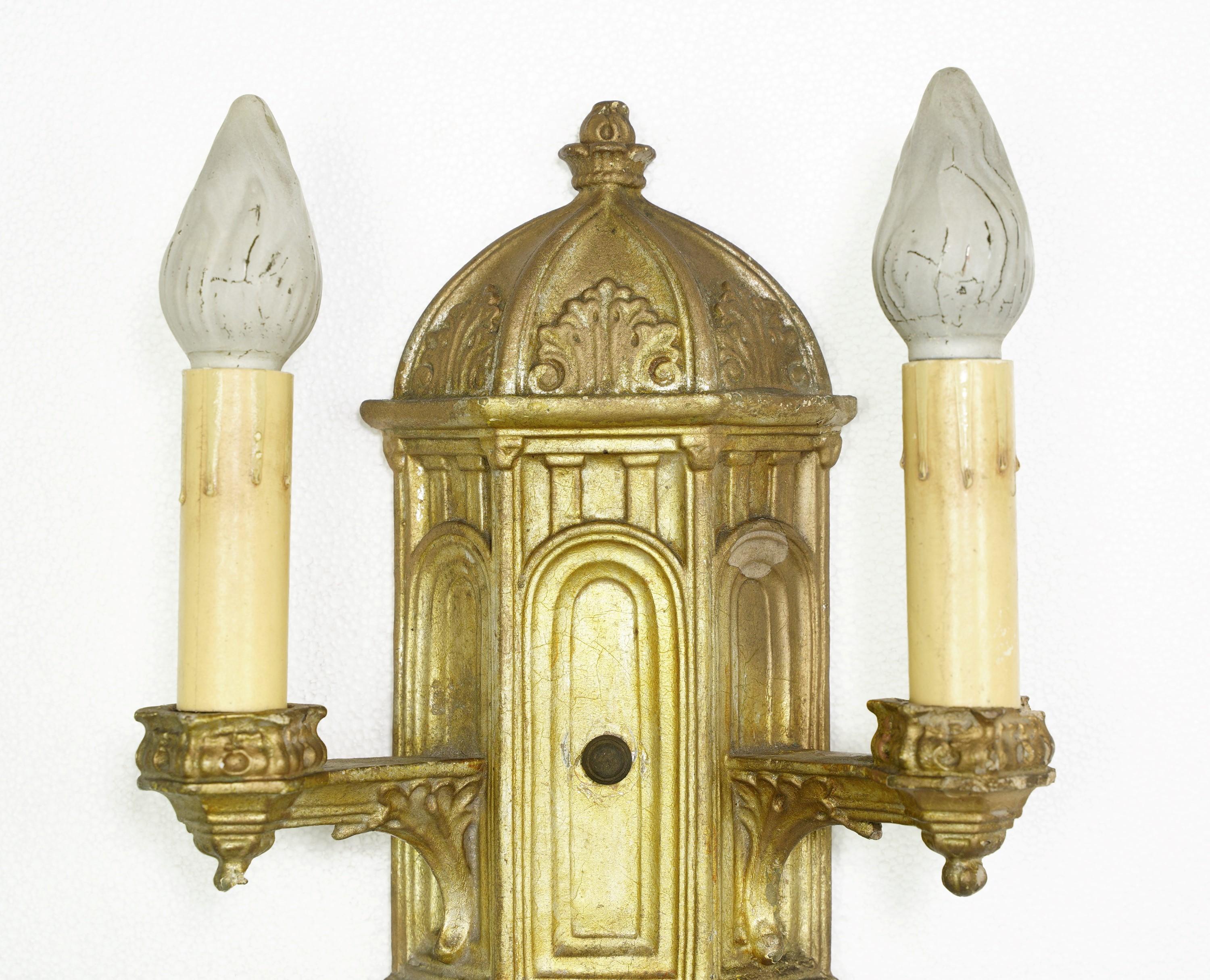 20th Century Pair Gothic Style Gold Color Plaster 2 Light Sconces