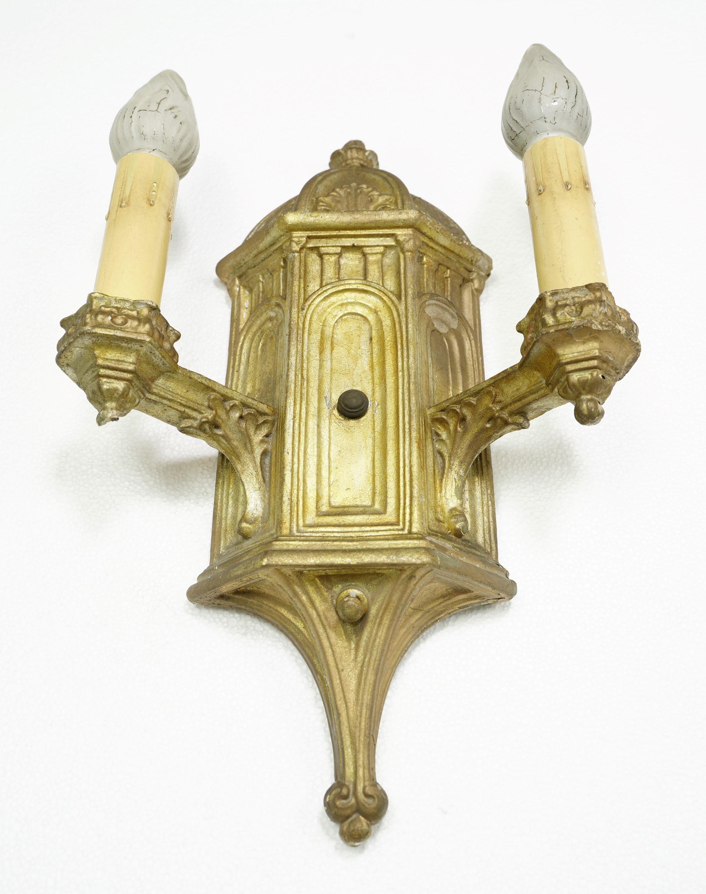 Pair Gothic Style Gold Color Plaster 2 Light Sconces 2