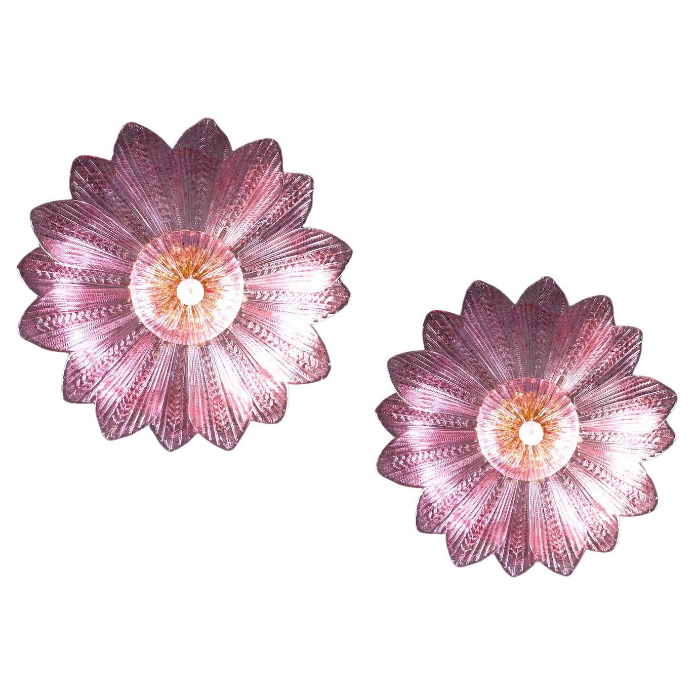 Pair  Graceful Pink Amethyst Murano Glass Leave Ceiling Light or Chandelier For Sale