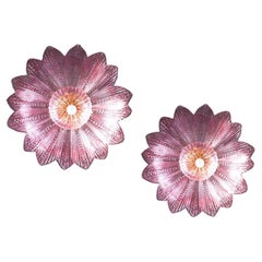 Paar  Anmutige rosa Amethyst-Muranoglas-Deckenleuchte oder Kronleuchter mit Blättern