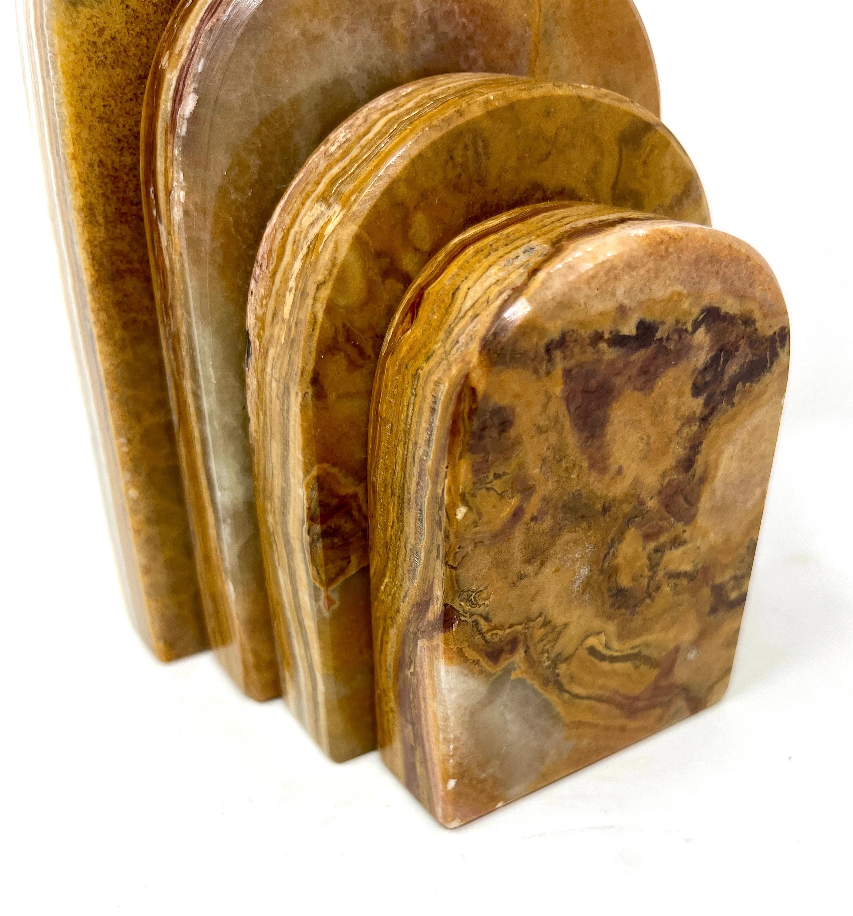 Pair Graduated Art Deco Style Book Ends in Polished Brown and Green Onyx For Sale 5