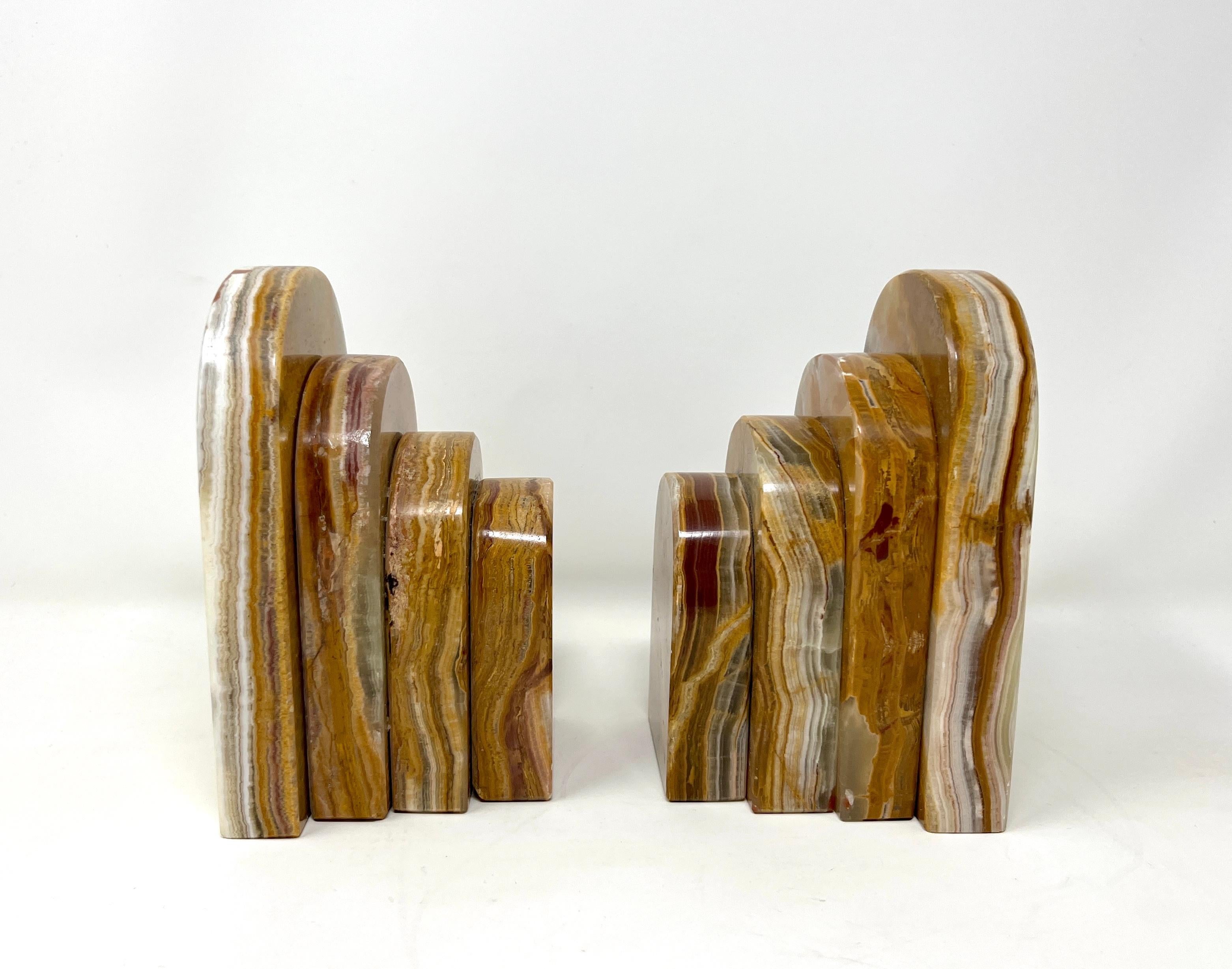 Pair Graduated Art Deco Style Book Ends in Polished Brown and Green Onyx In Good Condition For Sale In Chicago, IL