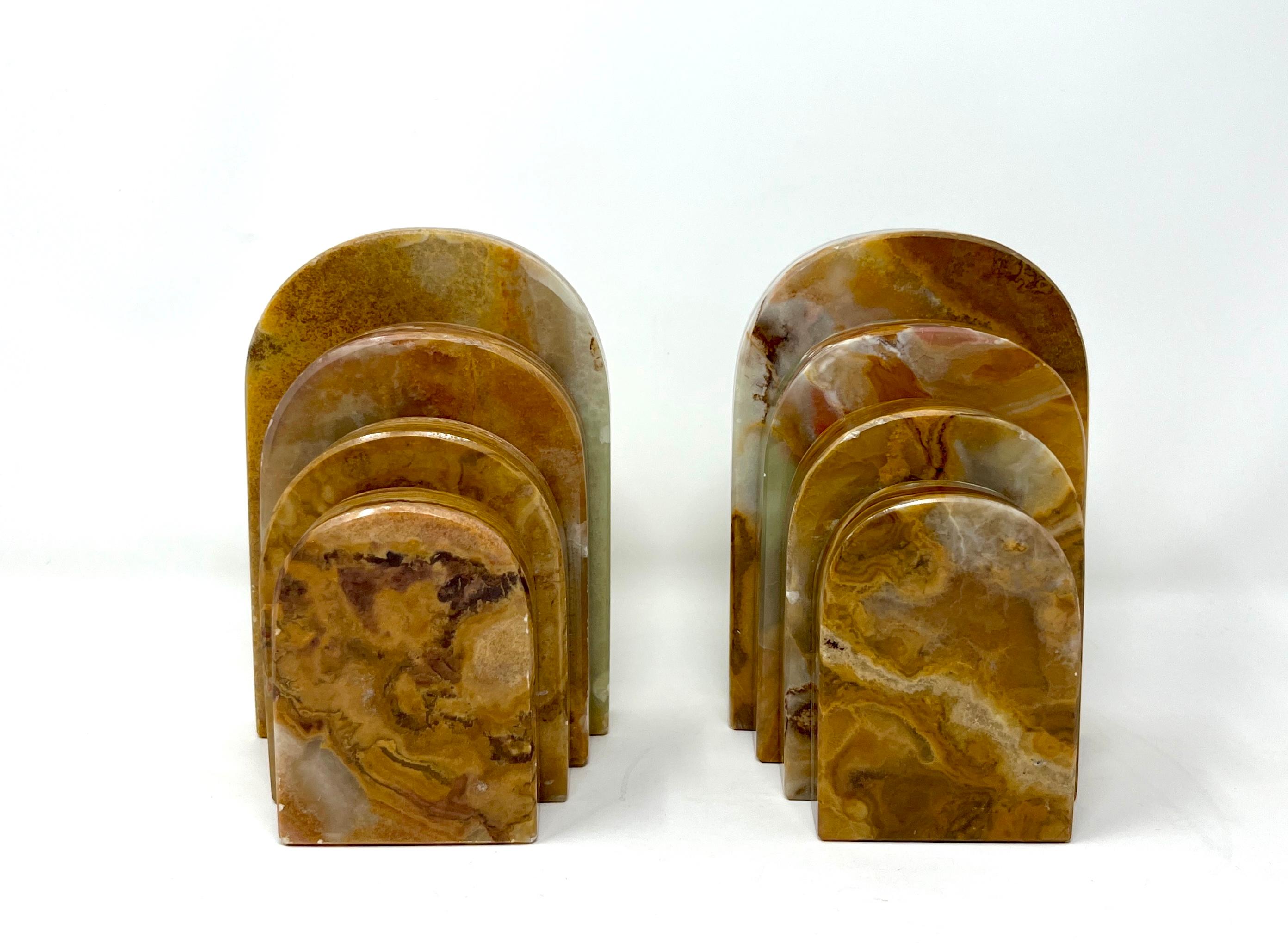 Late 20th Century Pair Graduated Art Deco Style Book Ends in Polished Brown and Green Onyx For Sale