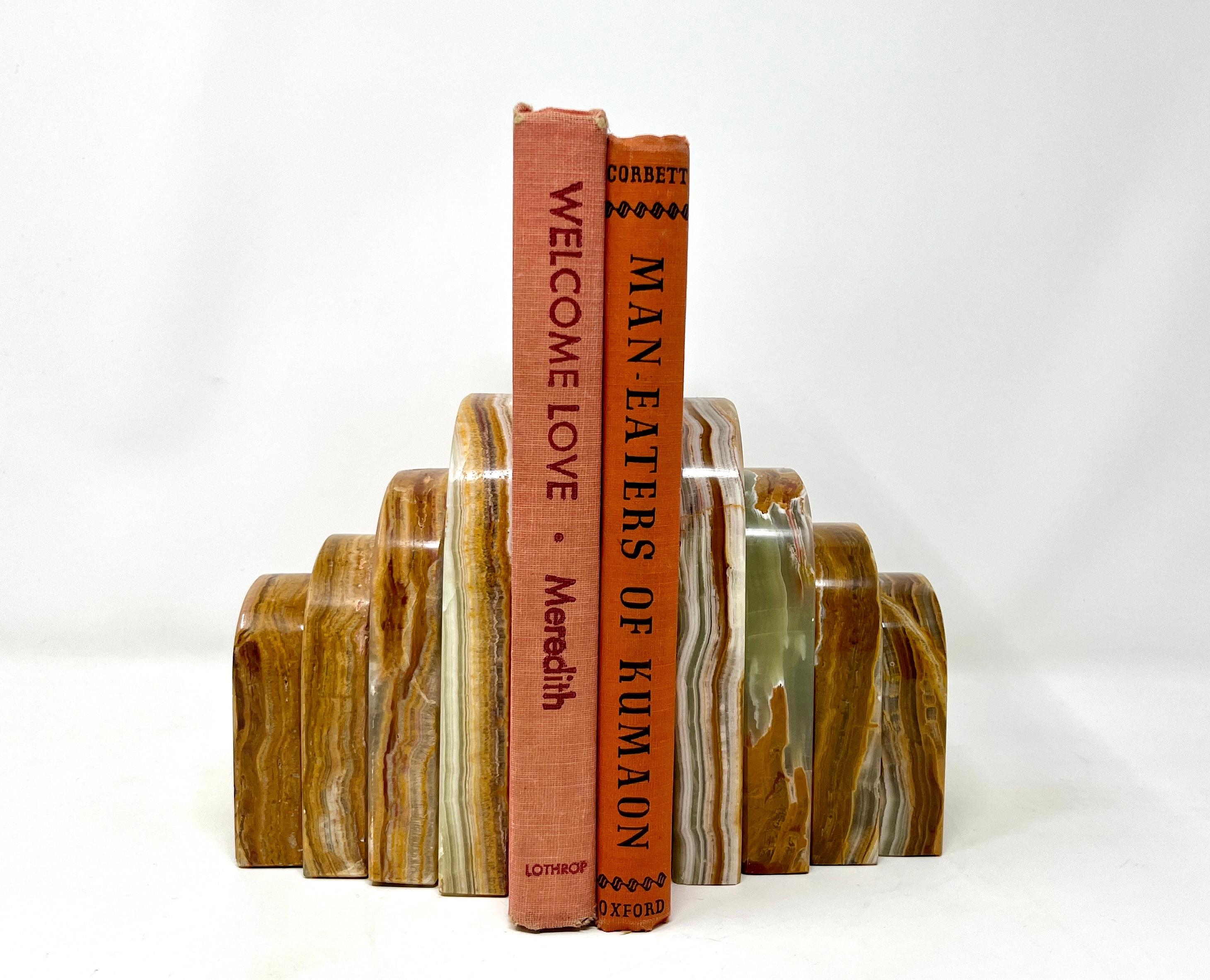 Pair Graduated Art Deco Style Book Ends in Polished Brown and Green Onyx For Sale 1