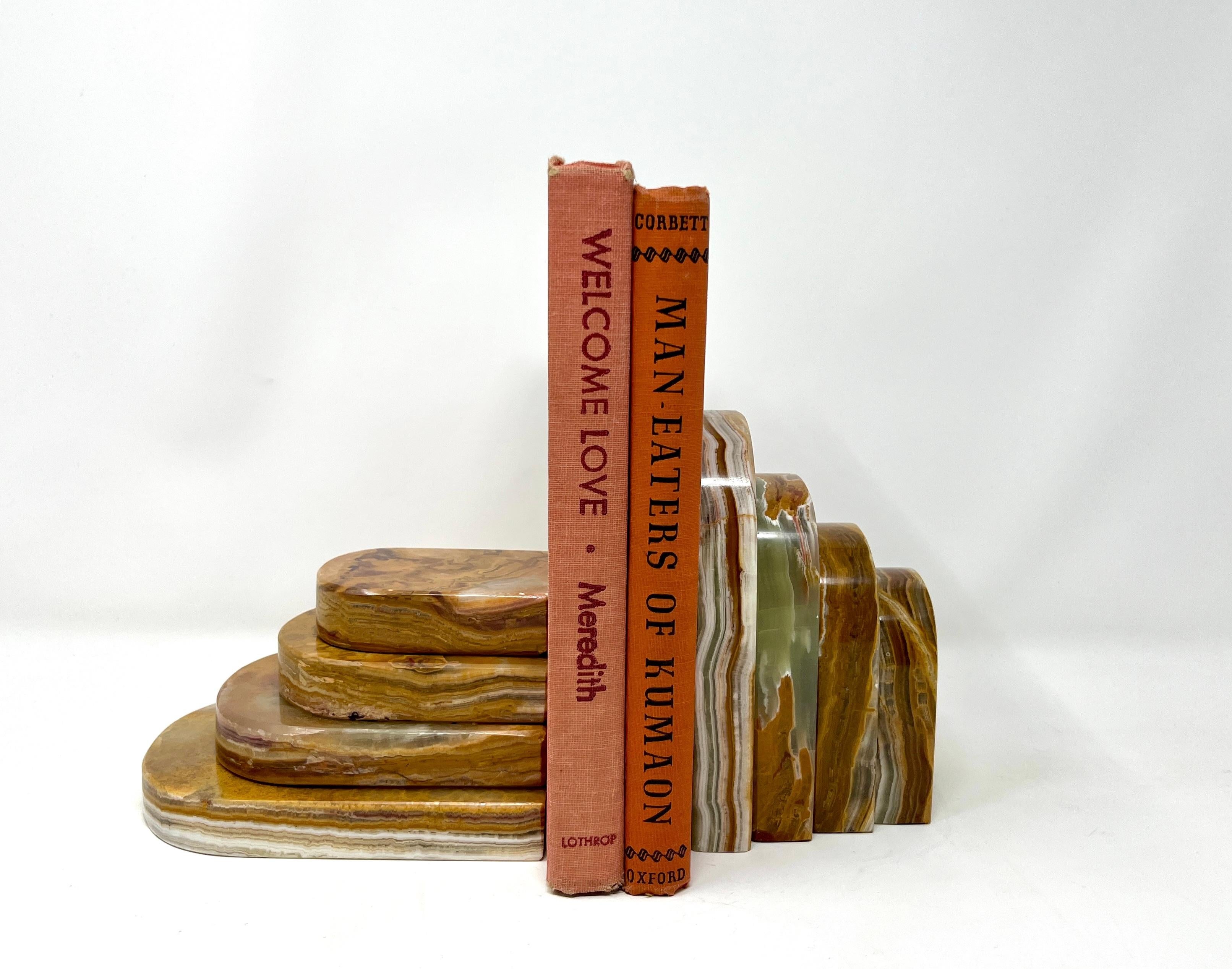 Pair Graduated Art Deco Style Book Ends in Polished Brown and Green Onyx For Sale 2