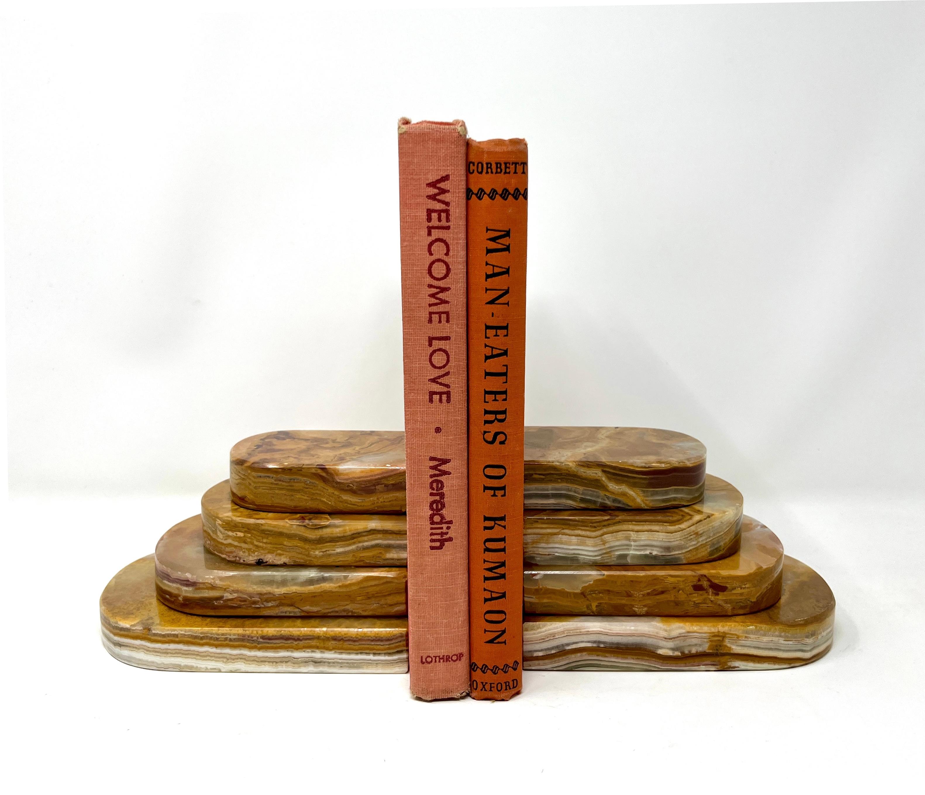 Pair Graduated Art Deco Style Book Ends in Polished Brown and Green Onyx For Sale 3