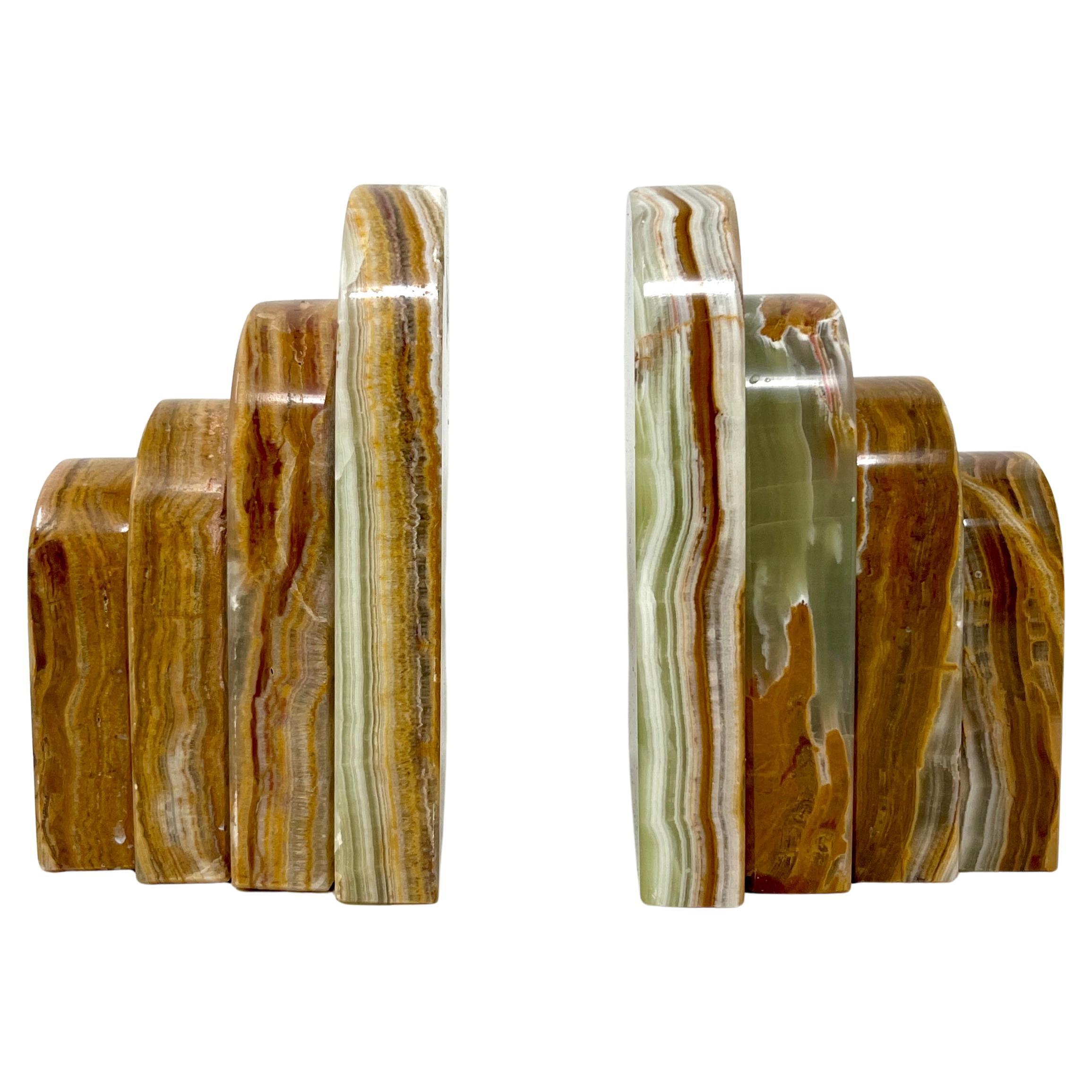 Pair Graduated Art Deco Style Book Ends in Polished Brown and Green Onyx For Sale