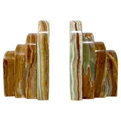 Pair Graduated Art Deco Style Book Ends in Polished Brown and Green Onyx
