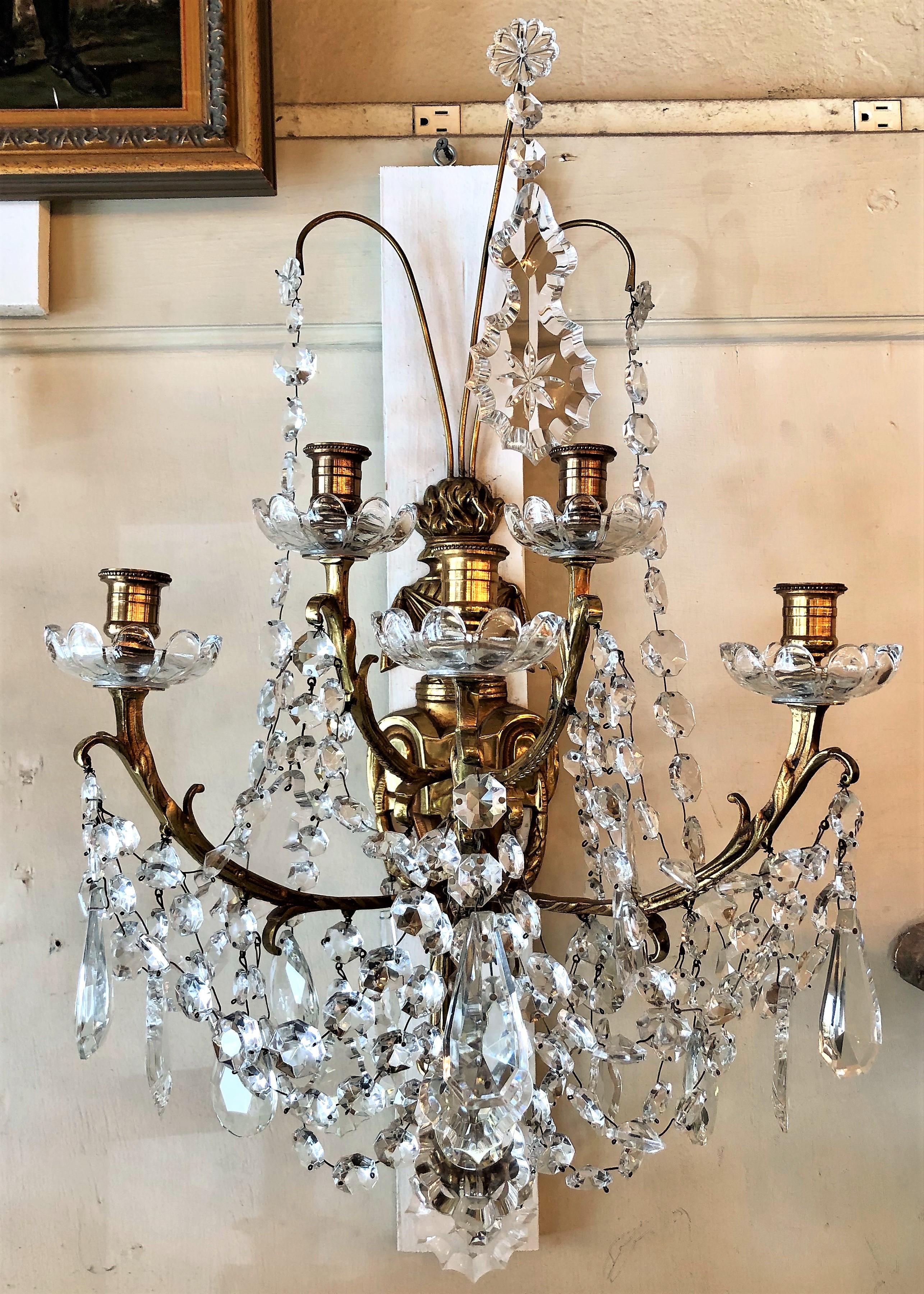 Pair of grand antique French bronze doré and baccarat crystal sconces, circa 1880.