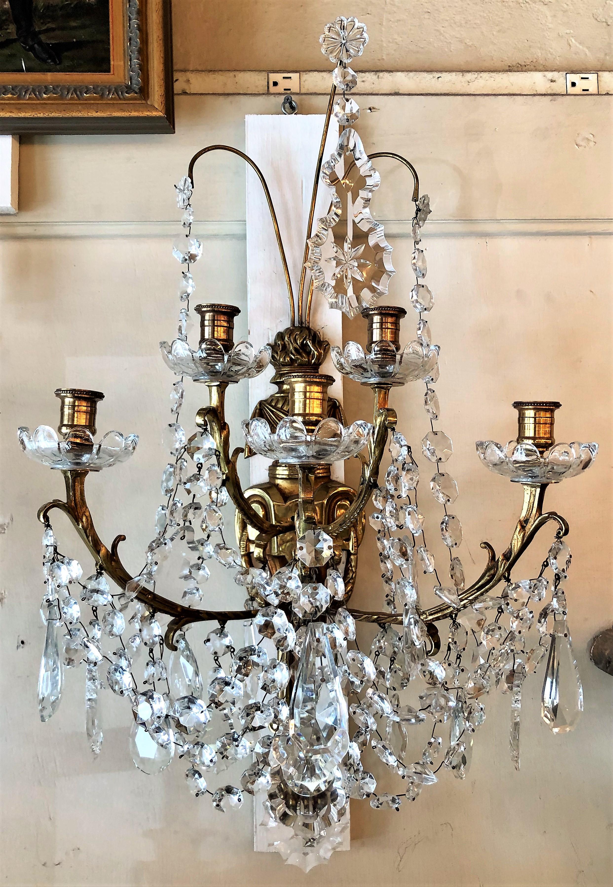 19th Century Pair of Grand Antique French Bronze Doré and Baccarat Crystal Sconces circa 1880