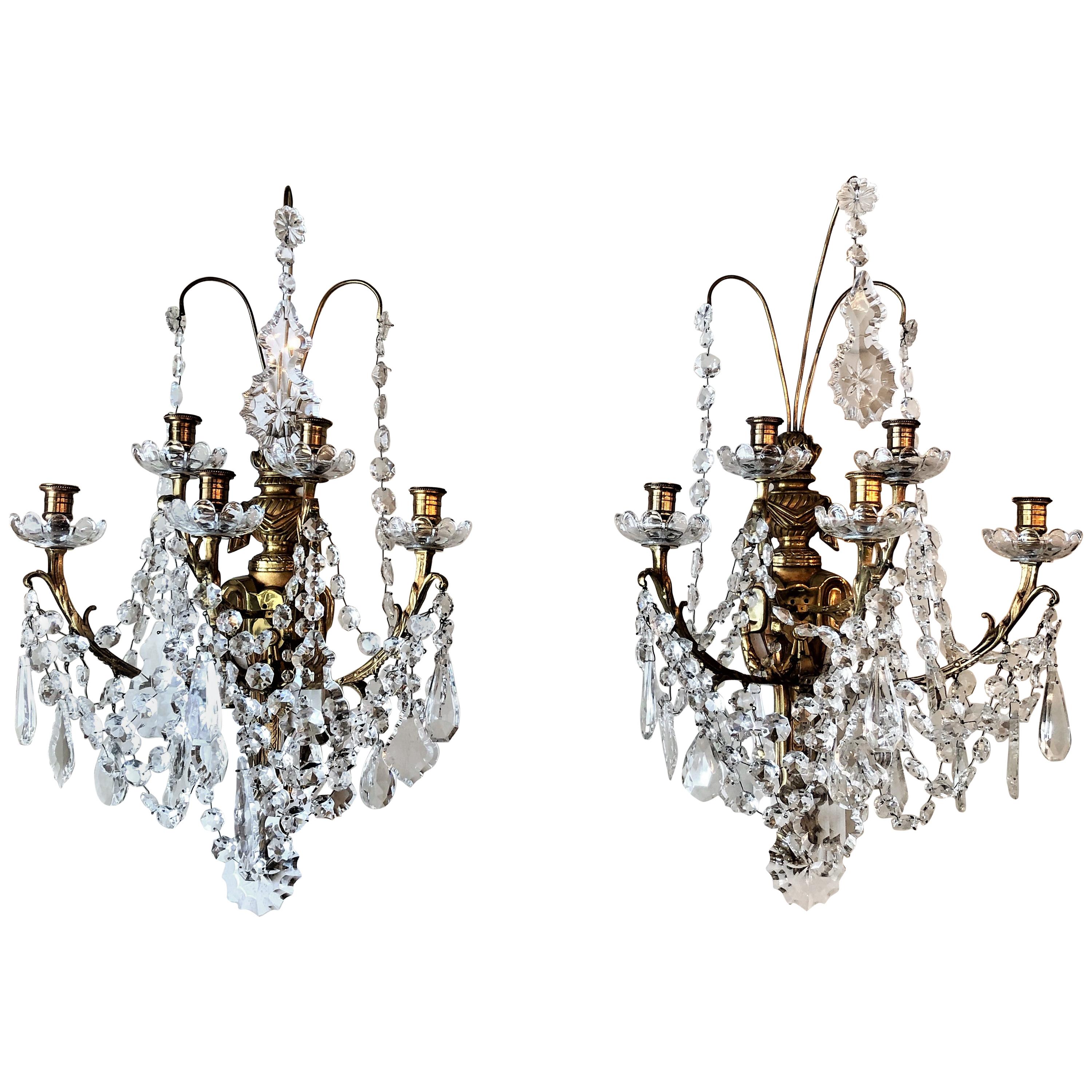 Pair of Grand Antique French Bronze Doré and Baccarat Crystal Sconces circa 1880