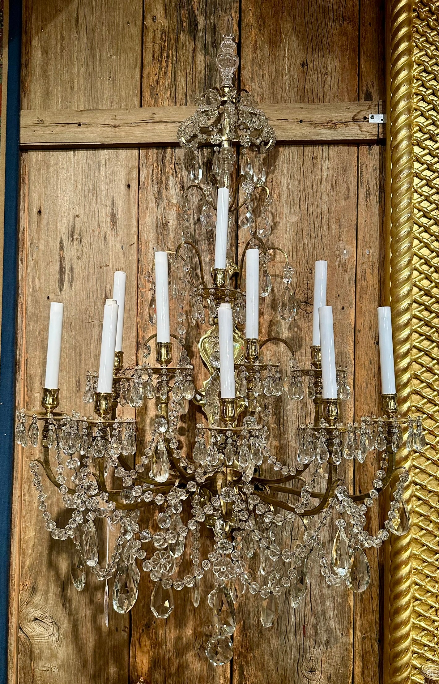 Pair Magnificent Grand Scale Antique French Gold Bronze & Crystal Wall Sconces, Circa 1880's.
