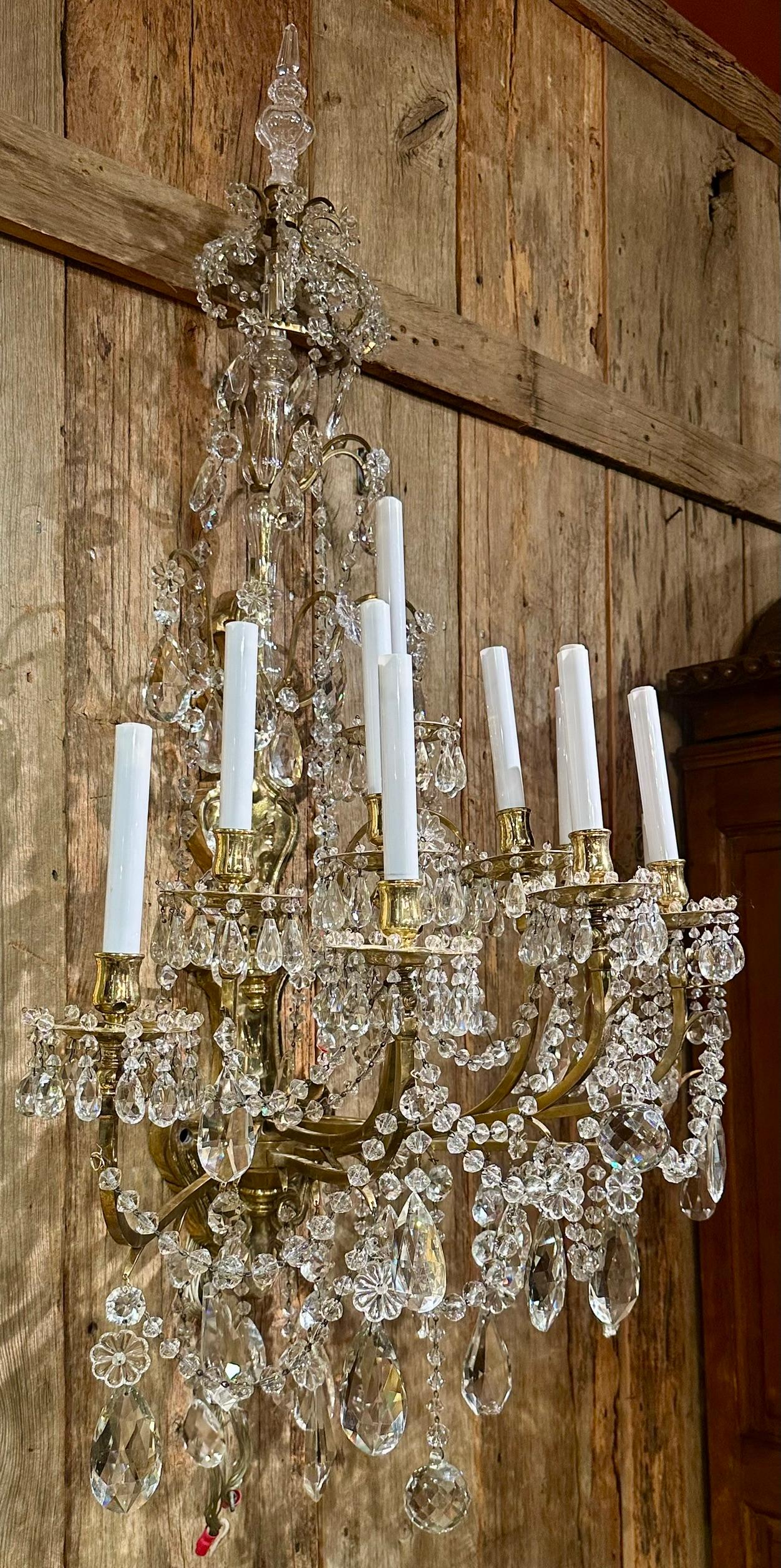 Pair Grand Scale Antique French Gold Bronze & Crystal Wall Sconces, Circa 1880. In Good Condition For Sale In New Orleans, LA