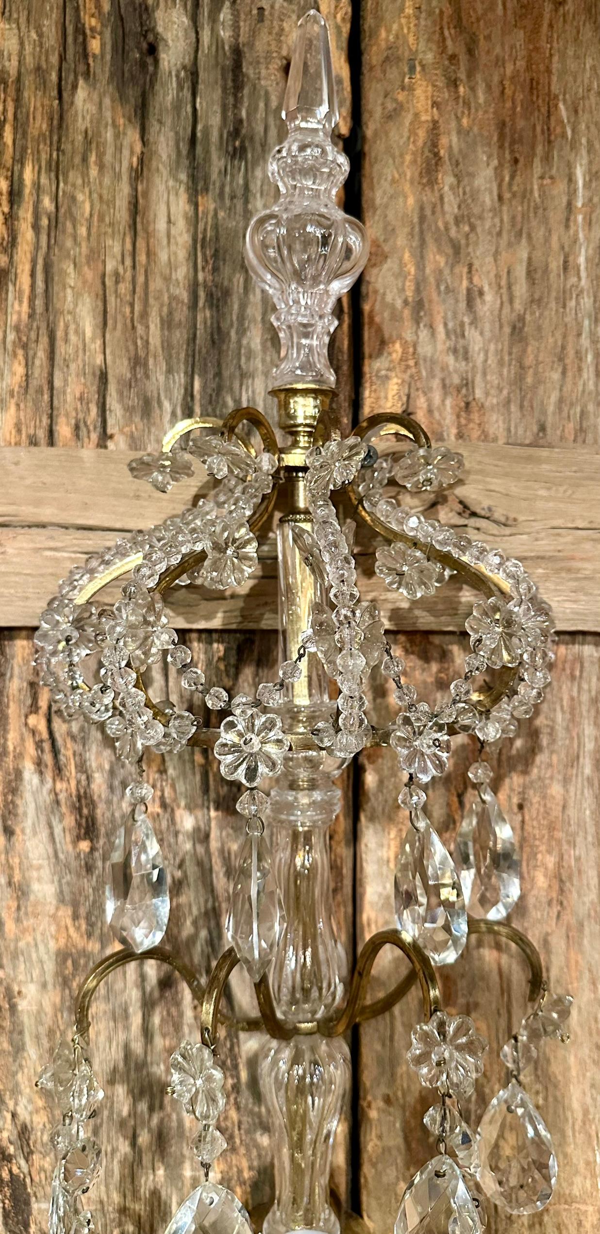 19th Century Pair Grand Scale Antique French Gold Bronze & Crystal Wall Sconces, Circa 1880. For Sale