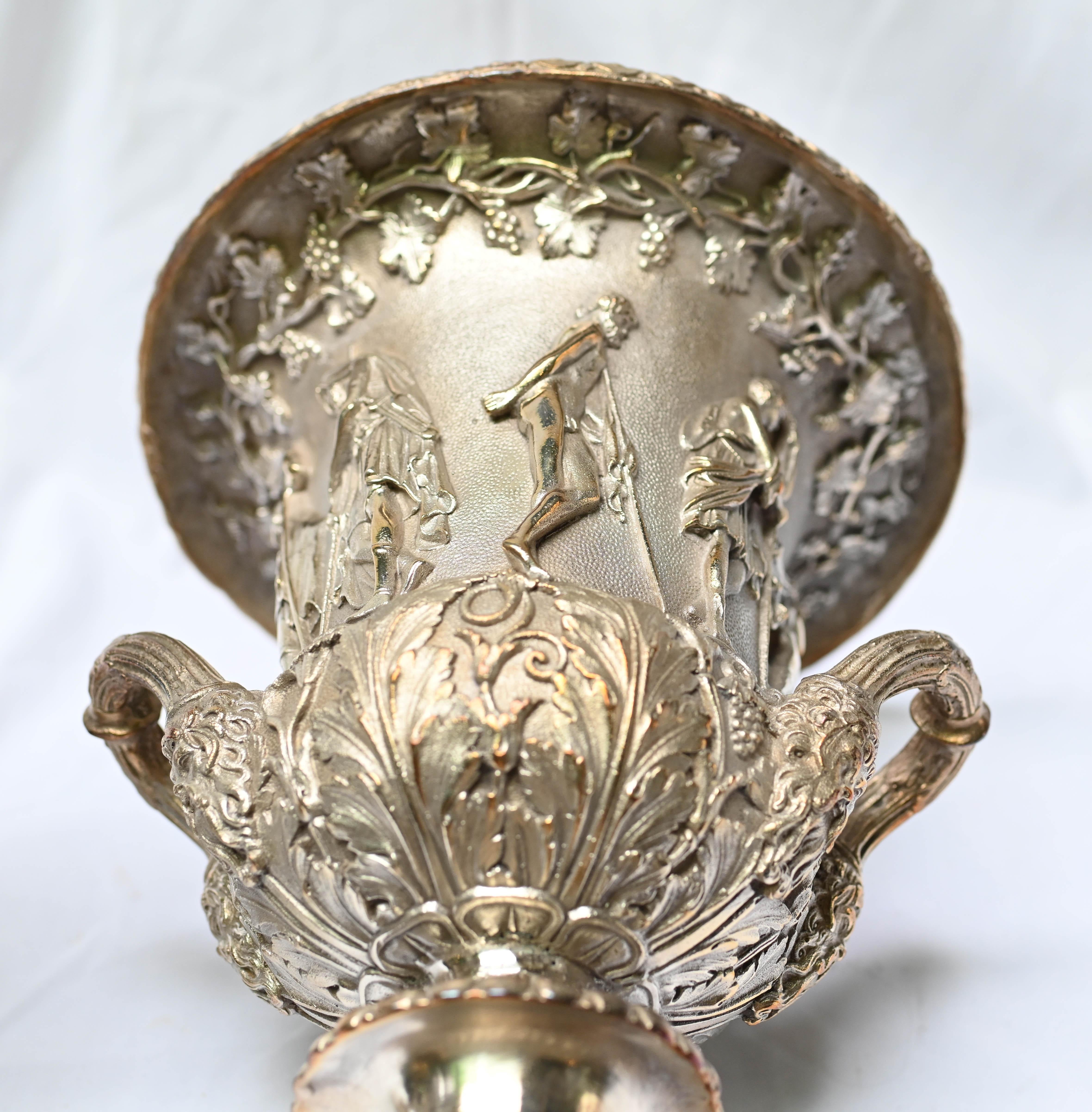 Pair Grand Tour Borghese Urns Silver Plate Campana Vase Bacchus 10