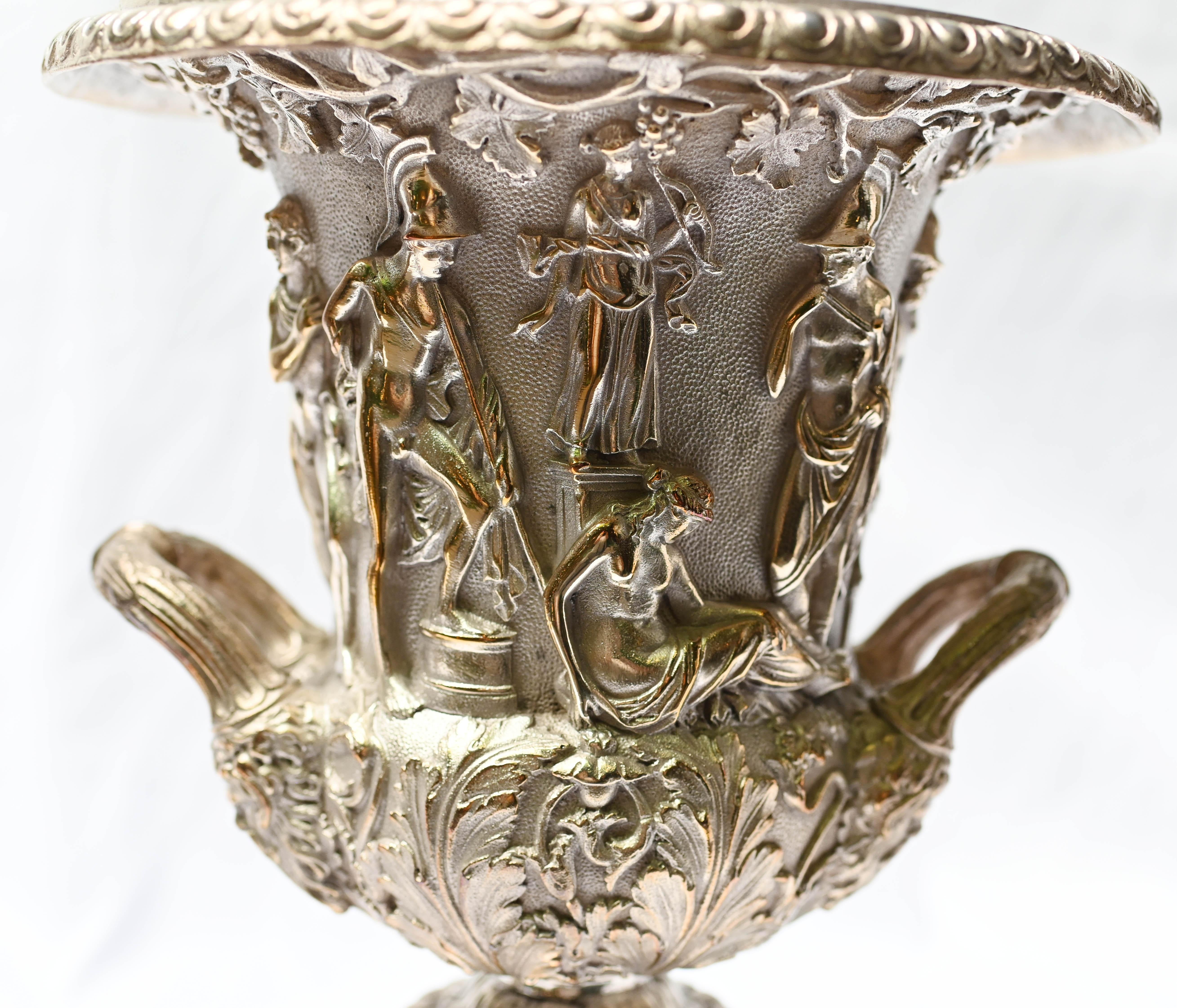 Pair Grand Tour Borghese Urns Silver Plate Campana Vase Bacchus In Good Condition In Potters Bar, GB