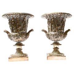 Pair Grand Tour Borghese Urns Silver Plate Campana Vase Bacchus
