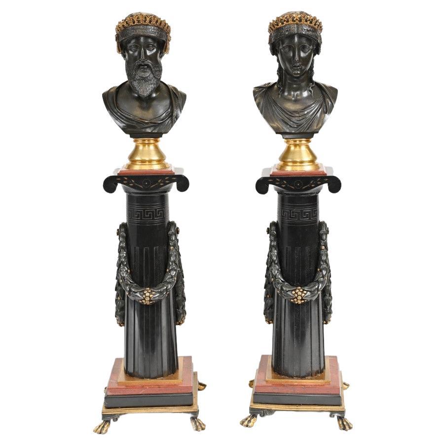 Pair Grand Tour Busts on Stands Bronze Jupiter Juno, 1820 For Sale
