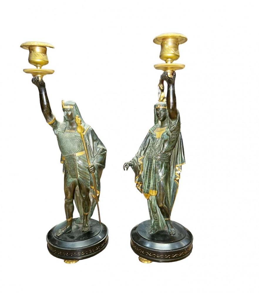 Pair Grand Tour Candelabras Egyptian Figurines Candlesticks 1840 In Good Condition For Sale In Potters Bar, GB