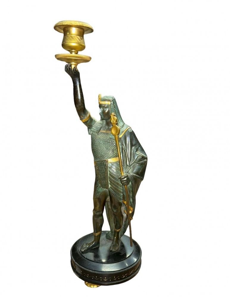 Bronze Pair Grand Tour Candelabras Egyptian Figurines Candlesticks 1840 For Sale