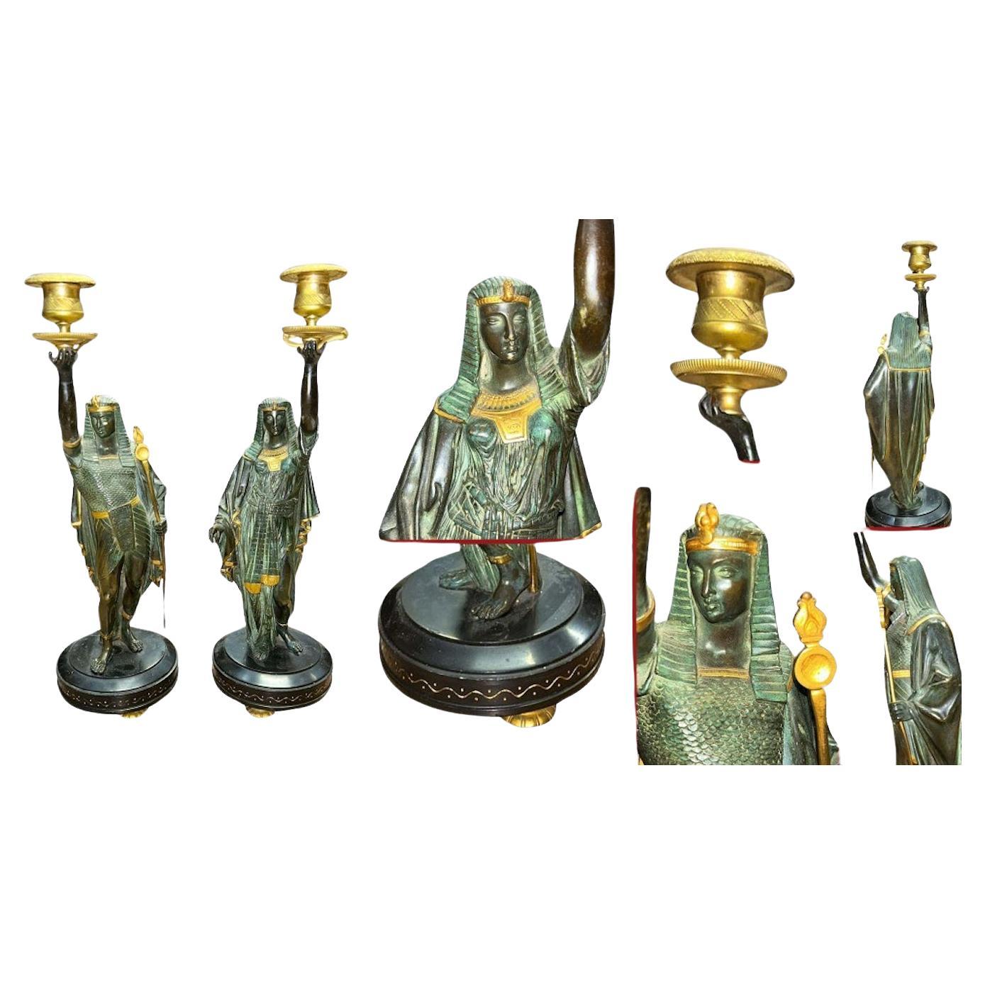 Pair Grand Tour Candelabras Egyptian Figurines Candlesticks 1840 For Sale