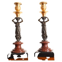 Used Pair Grand Tour Candelabras Marble Bronze Maiden 1840