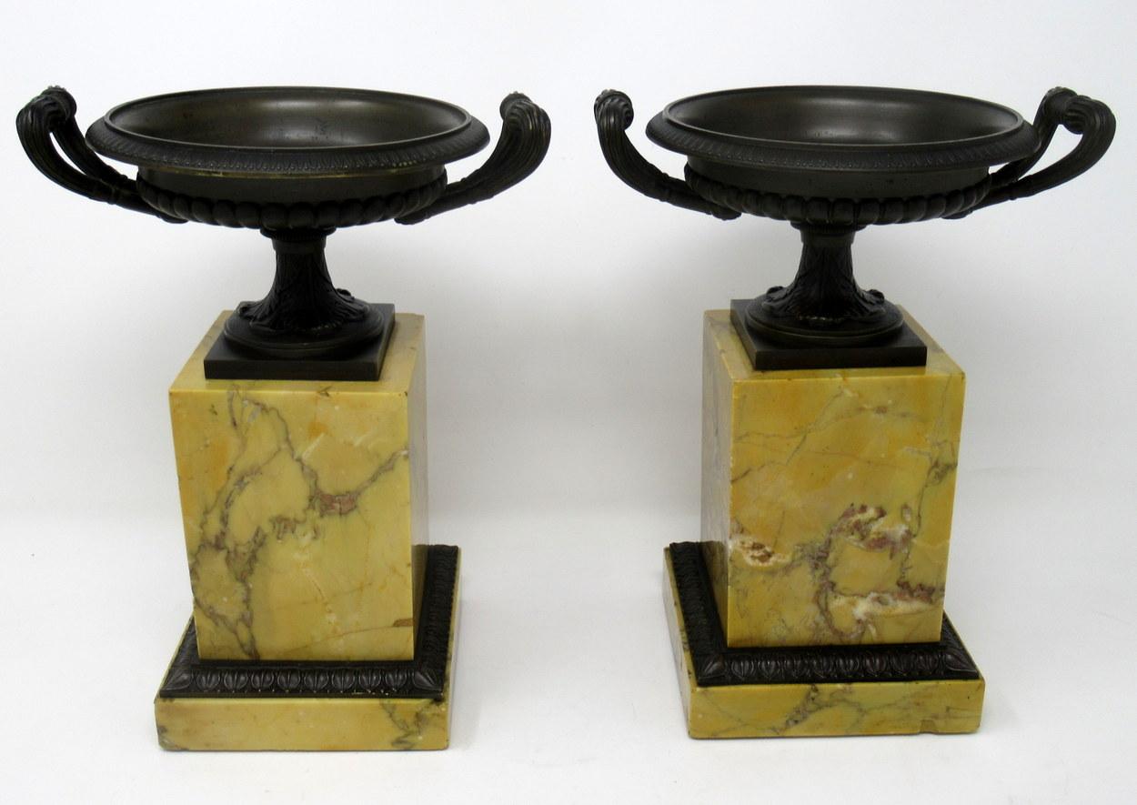 A very fine pair of French bronze & well grained sienna marble grand tour twin handle tazza of impressive and heavy proportions, first quarter of the 19th century.

Each circular bowl with lobed reeded body and decorative moulded thumb detail rims