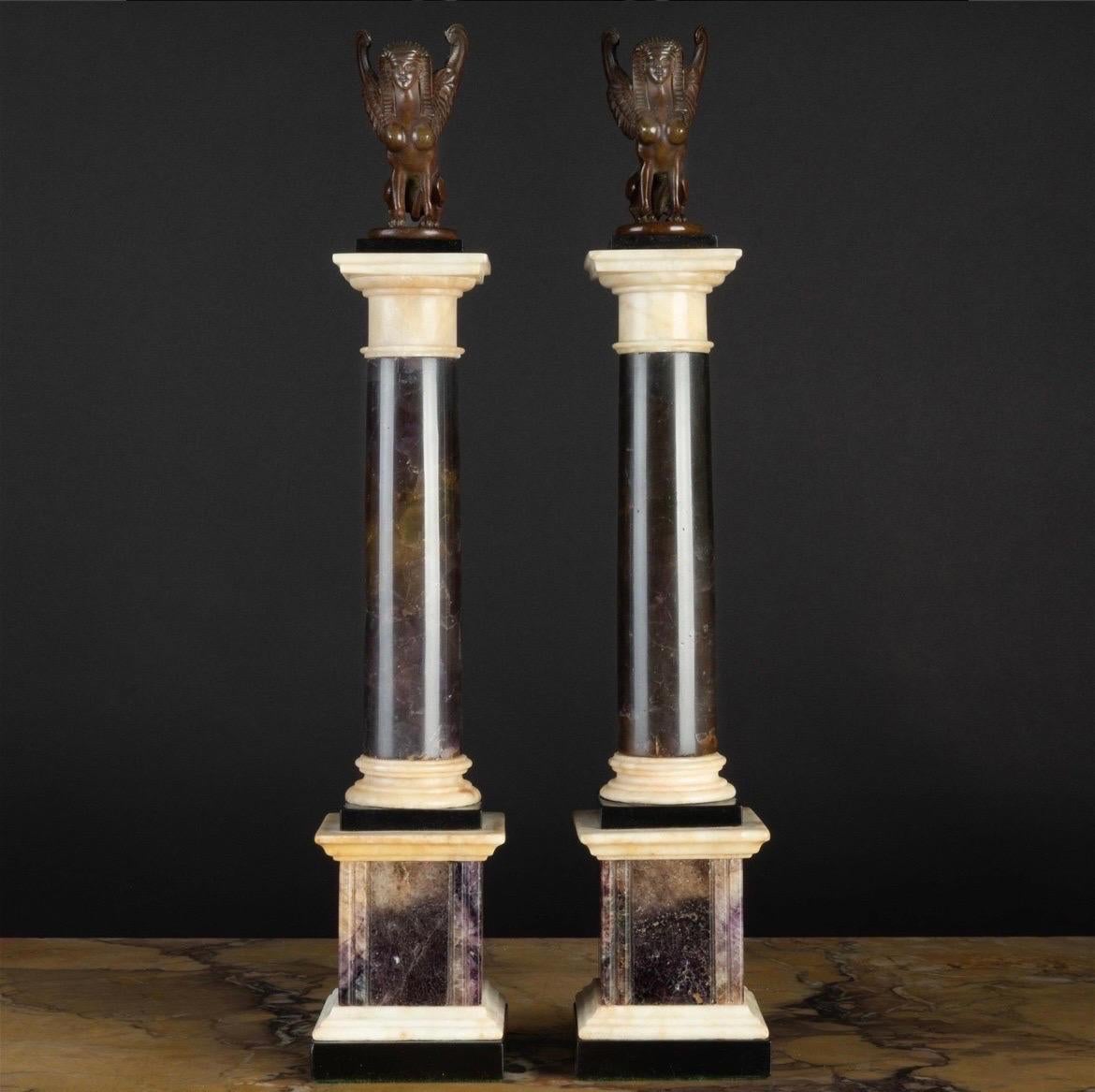 Pair, Grand Tour Neoclassical Bronze & Marble Mounted Blue John Specimen Columns In Good Condition For Sale In Atlanta, GA