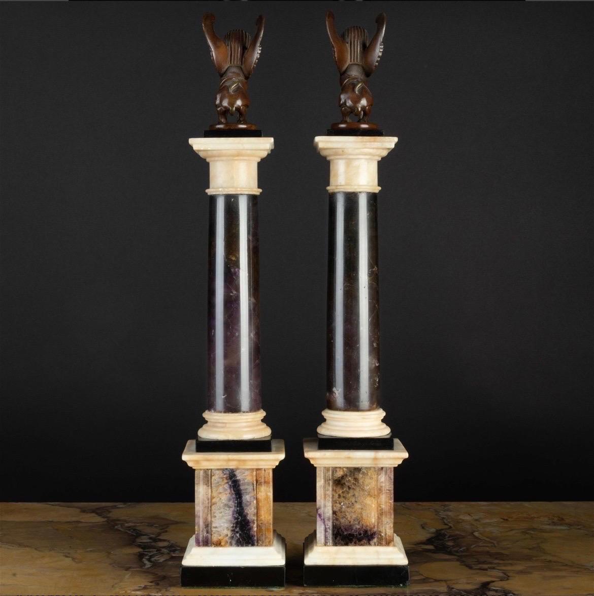 19th Century Pair, Grand Tour Neoclassical Bronze & Marble Mounted Blue John Specimen Columns For Sale