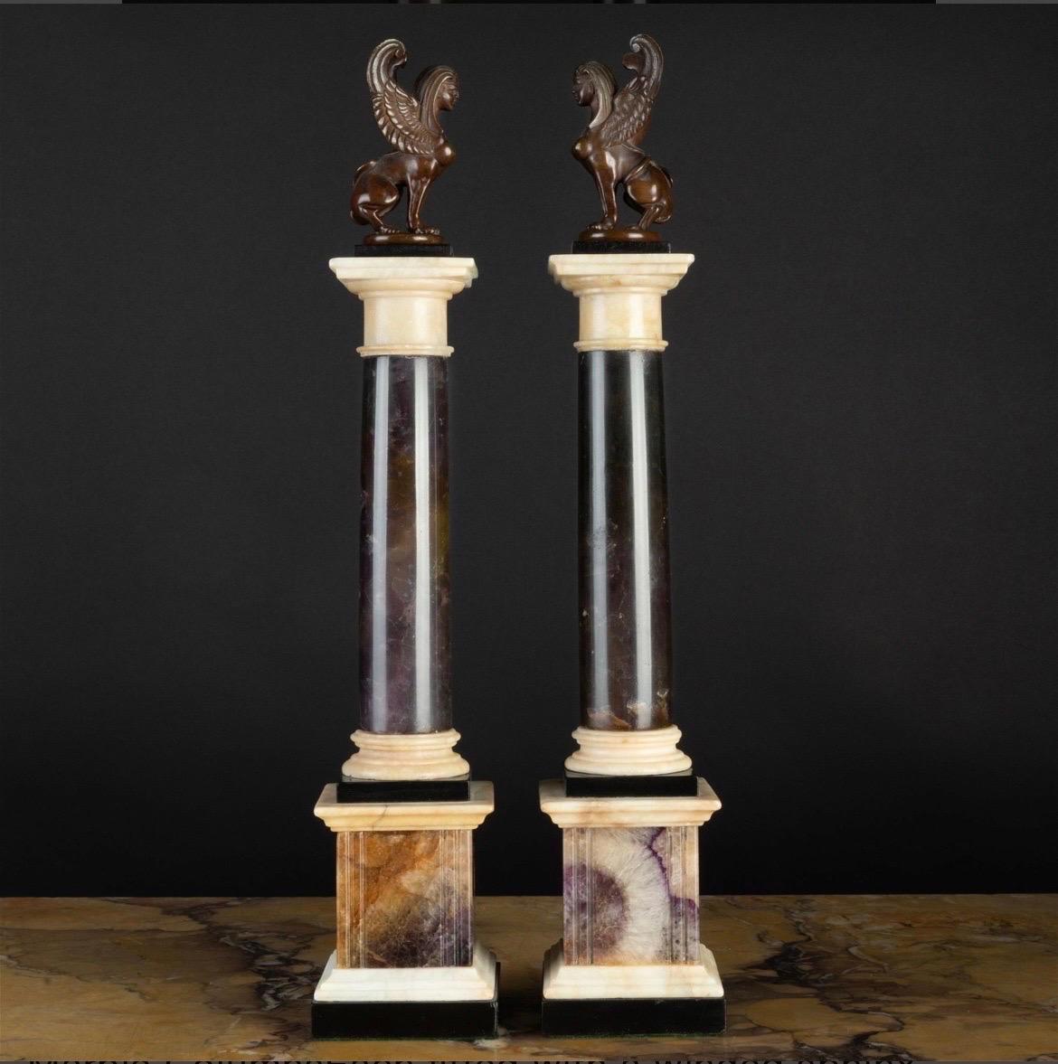 Pair, Grand Tour Neoclassical Bronze & Marble Mounted Blue John Specimen Columns For Sale 1