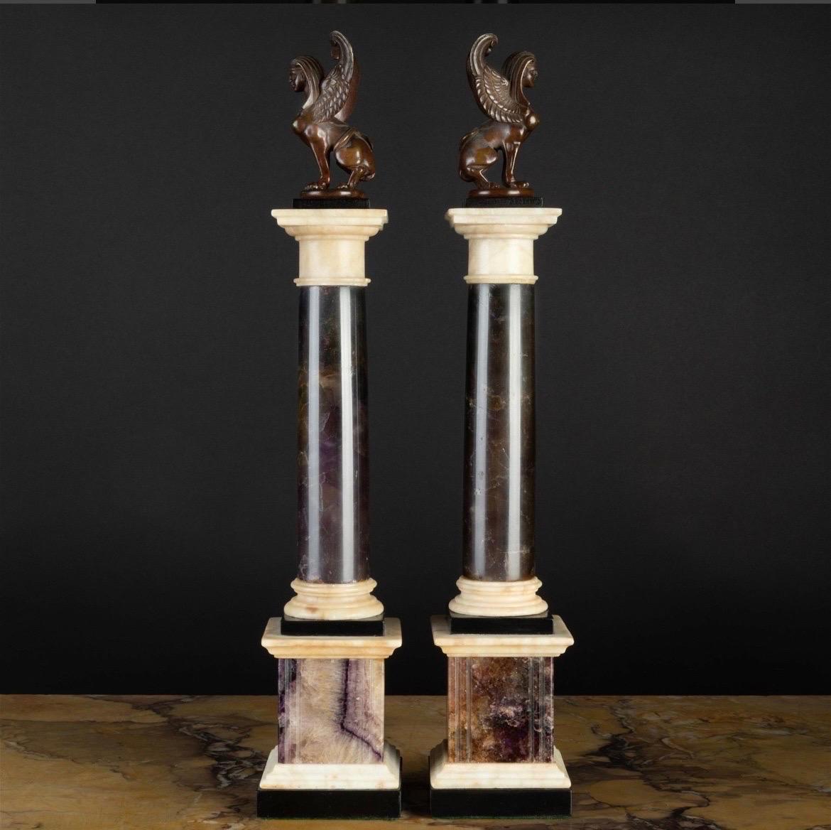 Pair, Grand Tour Neoclassical Bronze & Marble Mounted Blue John Specimen Columns For Sale 2