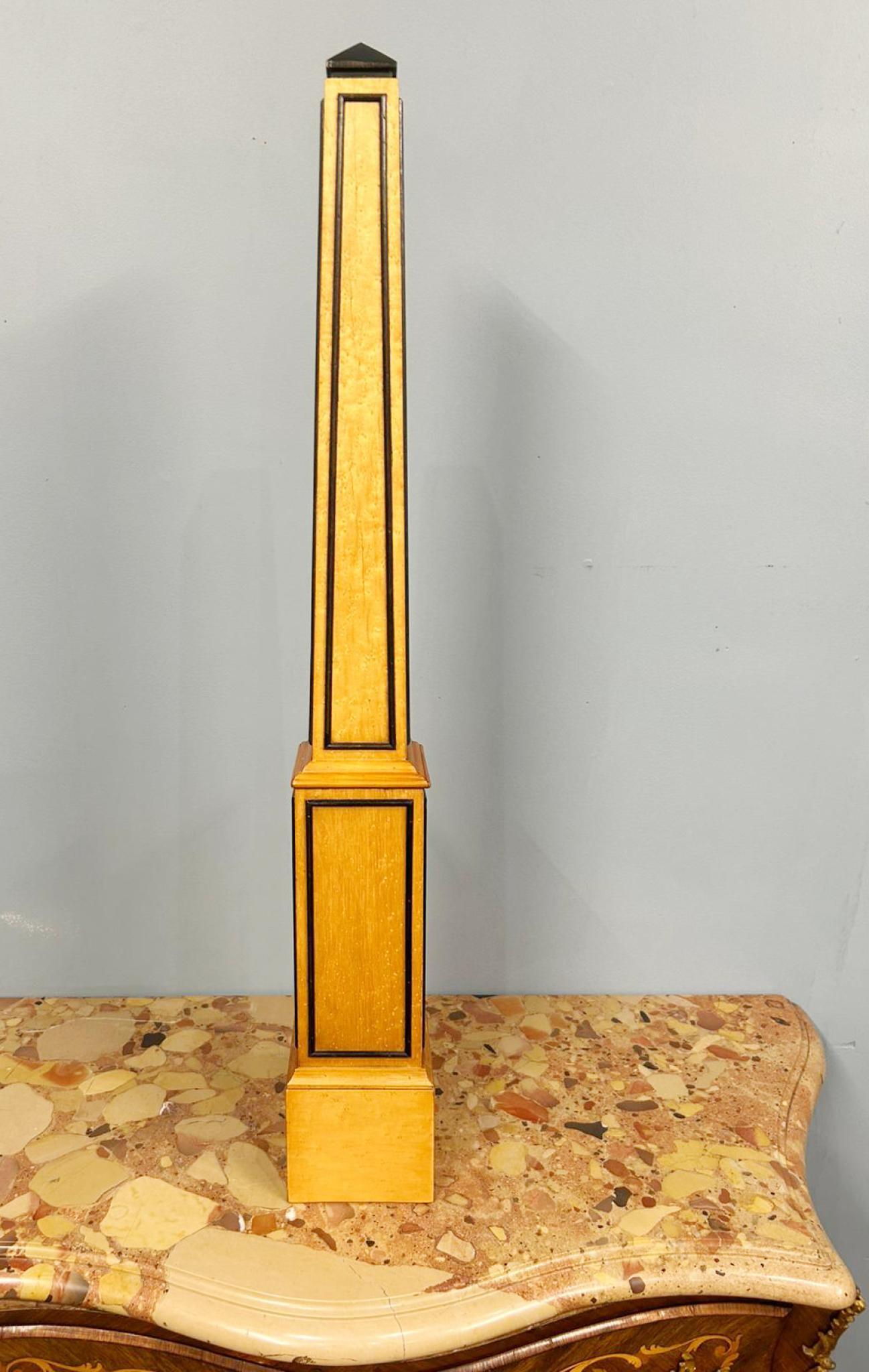 Eye catching pair of Italian Grand Tour obelisks in satinwood
Great look to this pair of neo classical decorative pieces
Love the patina to the satinwood which is offset and defined by the black ebonized trim
Good size at just under three feet tall