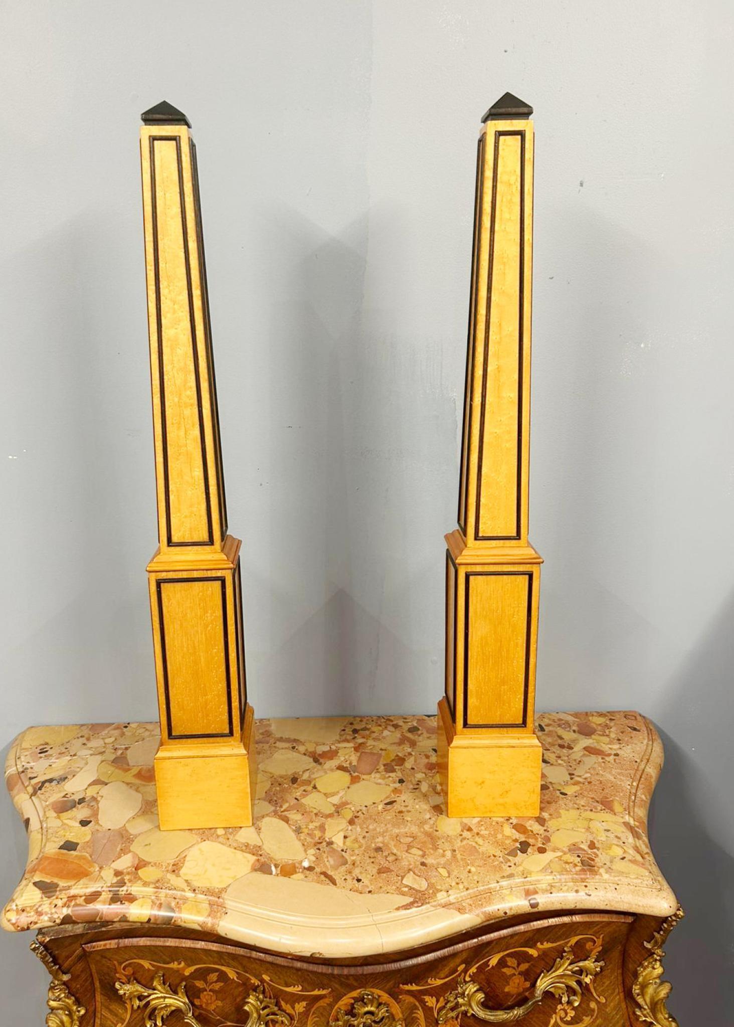 Late 20th Century Pair Grand Tour Obelisks Italian Satinwood Ebonized Trim For Sale